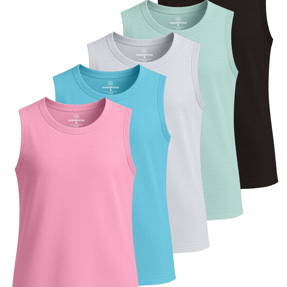 Real Essentials 5 Pack: Girls Breeze Tech Tank Tops – Moisture-Wicking Sports, Dance & Athletic Workout Sleeveless Shirts