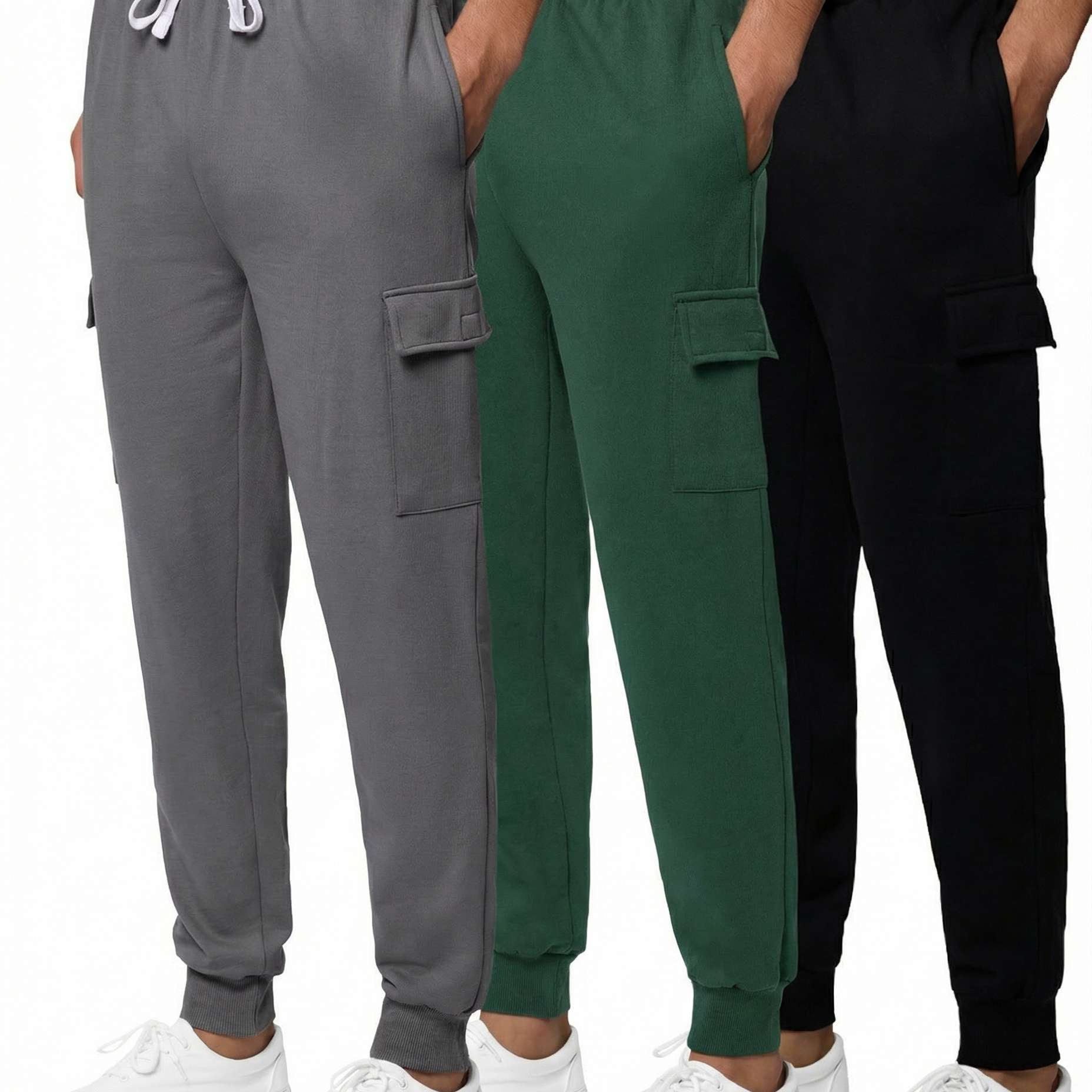 Real Essentials 3 Pack: Men's Cotton Fleece Cargo Jogger Sweatpants with Pockets