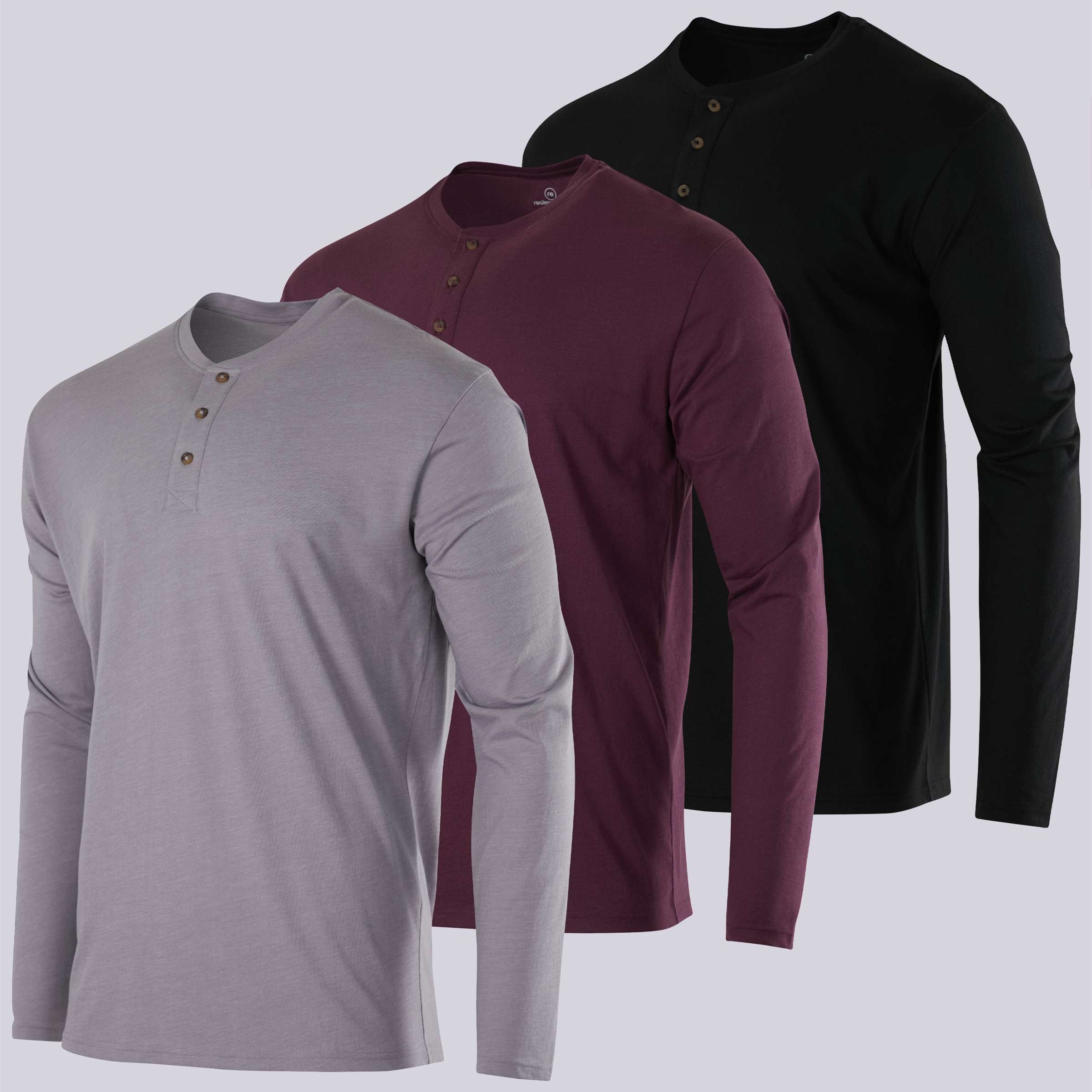 3 Pack: Mens Long Sleeve Cotton Henley T-Shirt