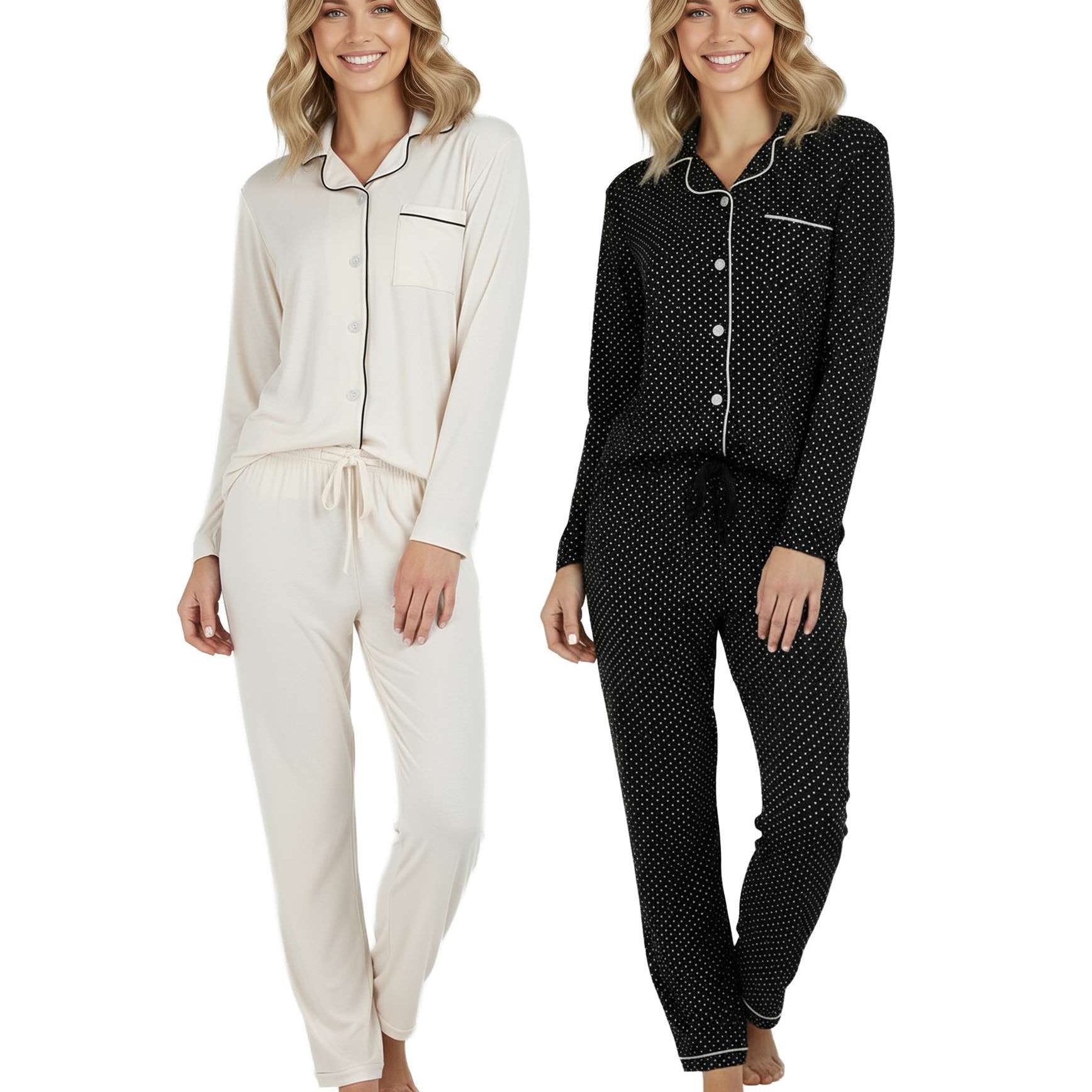 4 Piece: Women’s Long Sleeve Button Down Pajama Set