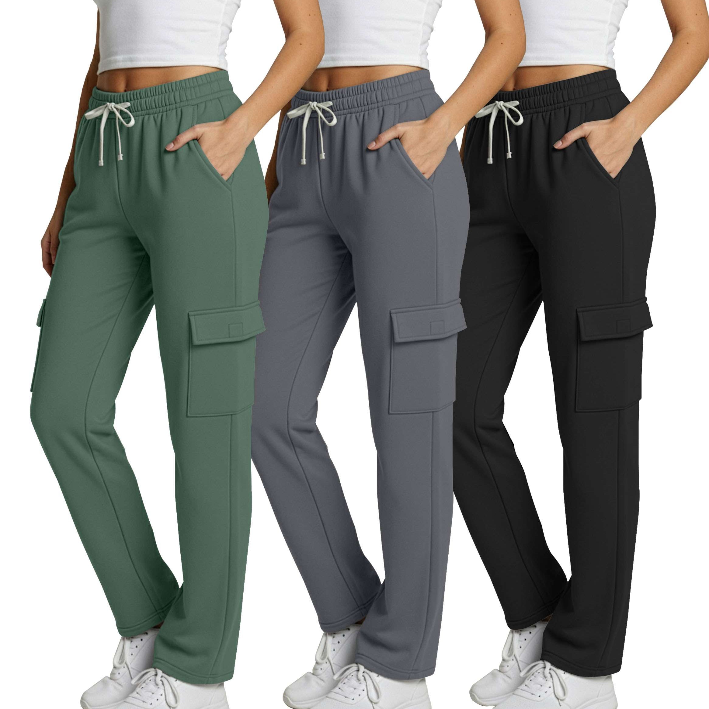 Real Essentials 3 Pack: Women's Fleece Cargo Sweatpants, Open Bottom Lounge & Athletic Casual Pants with Pockets