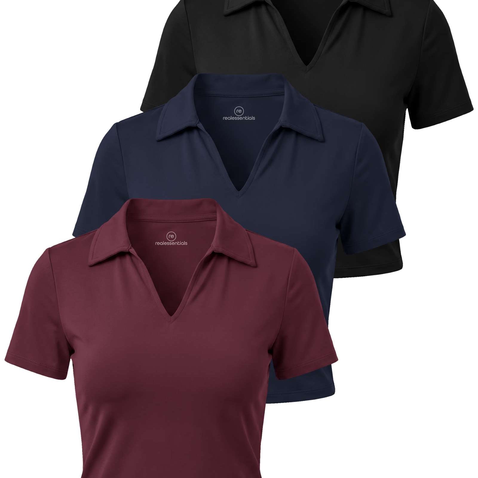 Real Essentials 3 Pack: Women's V Neck Crop Polo Shirts - Short Sleeve Sweater Dry Fit Golf Athletic Workout Collared Tops
