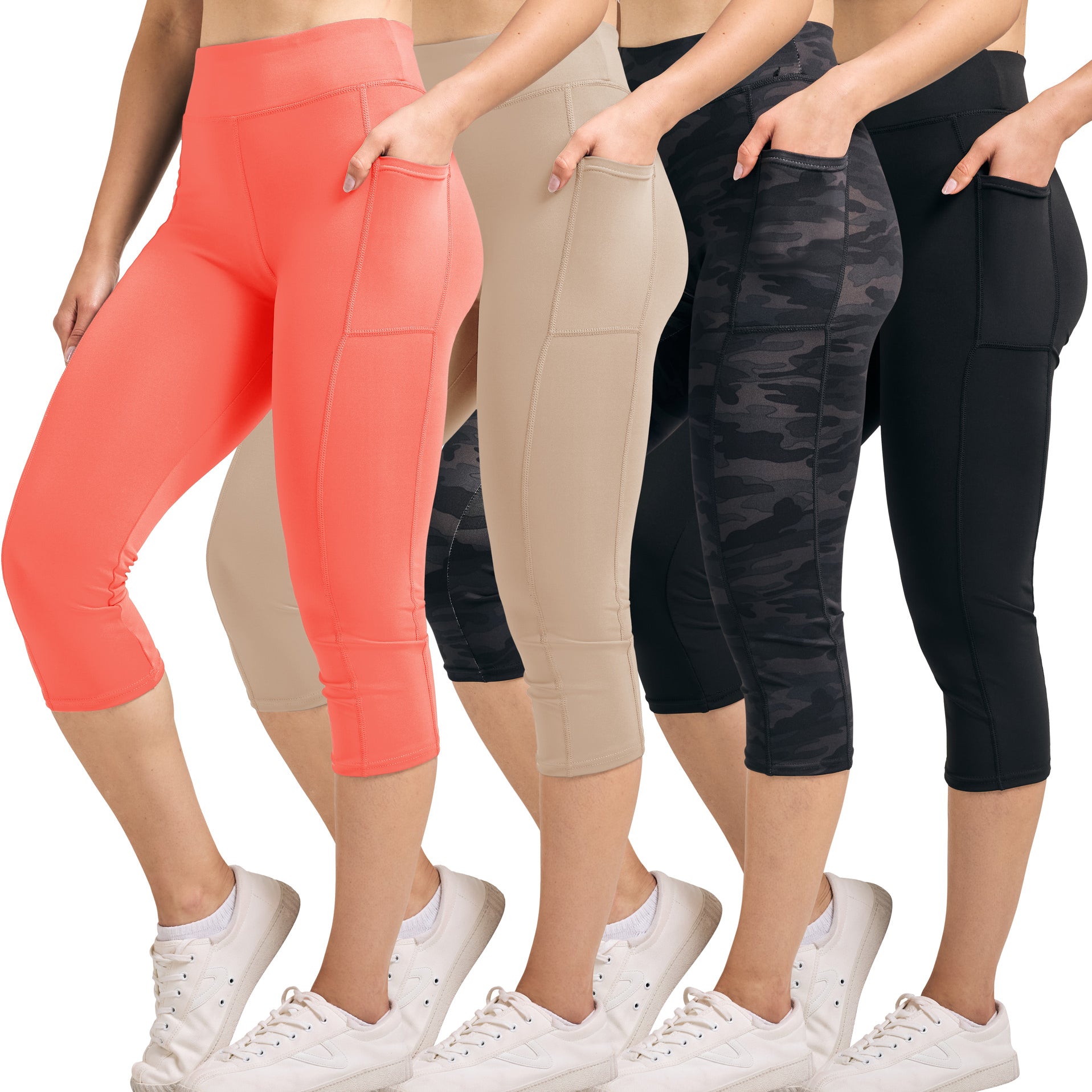 4 Pack: Women's Capri Leggings with Pockets (Available in Plus Size)