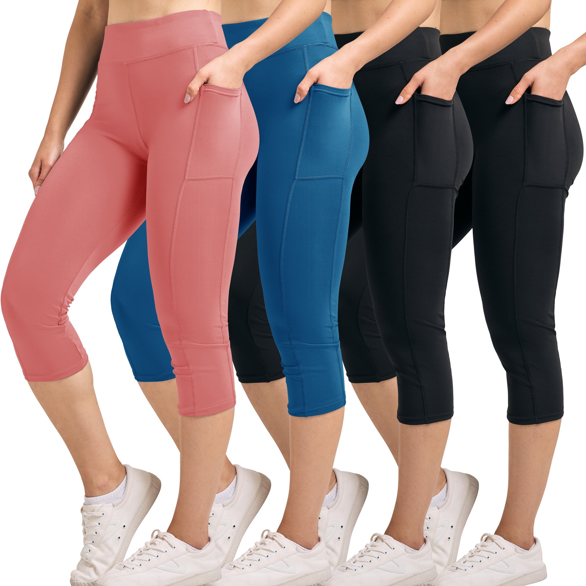4 Pack: Women's Capri Leggings with Pockets (Available in Plus Size)