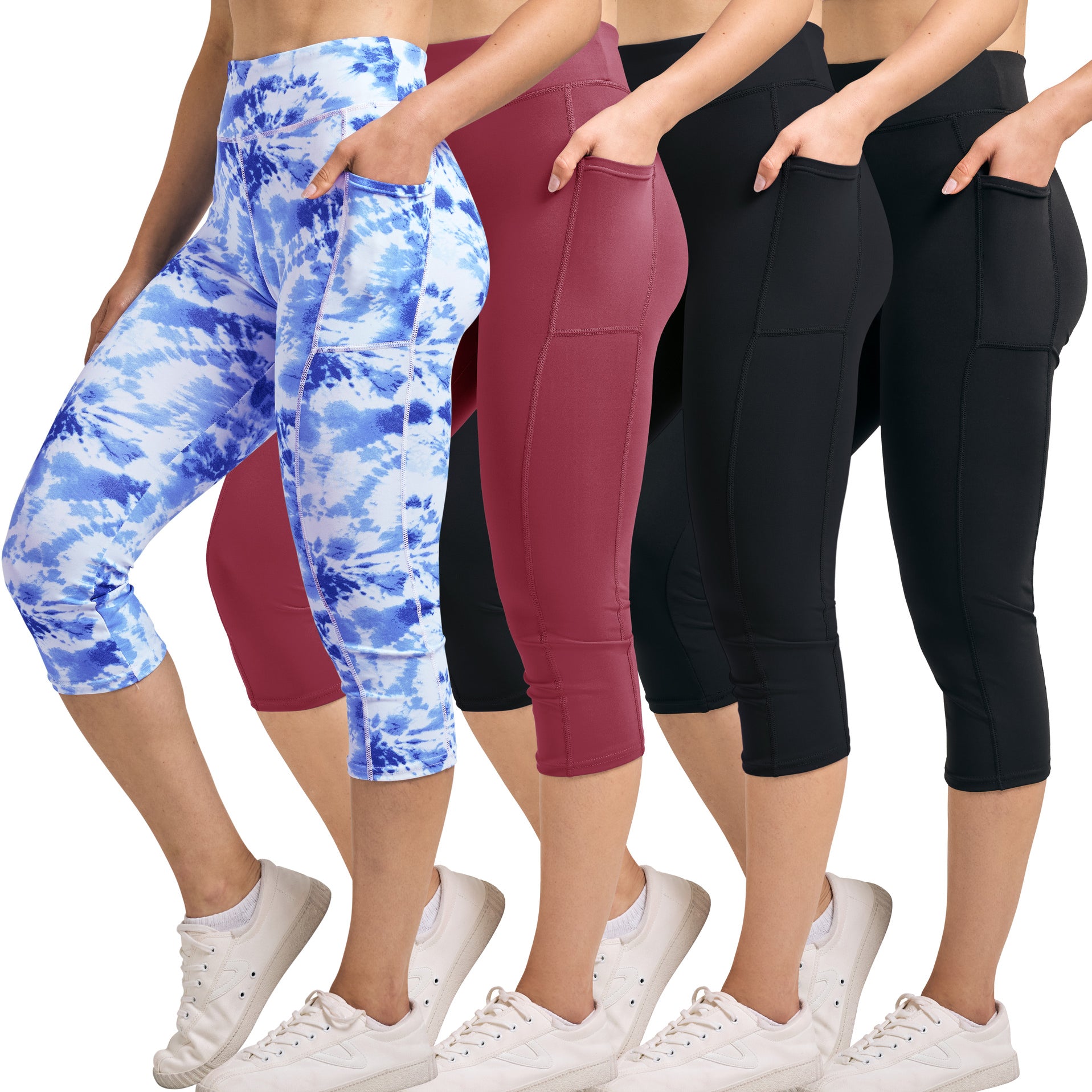 4 Pack: Women's Capri Leggings with Pockets (Available in Plus Size)