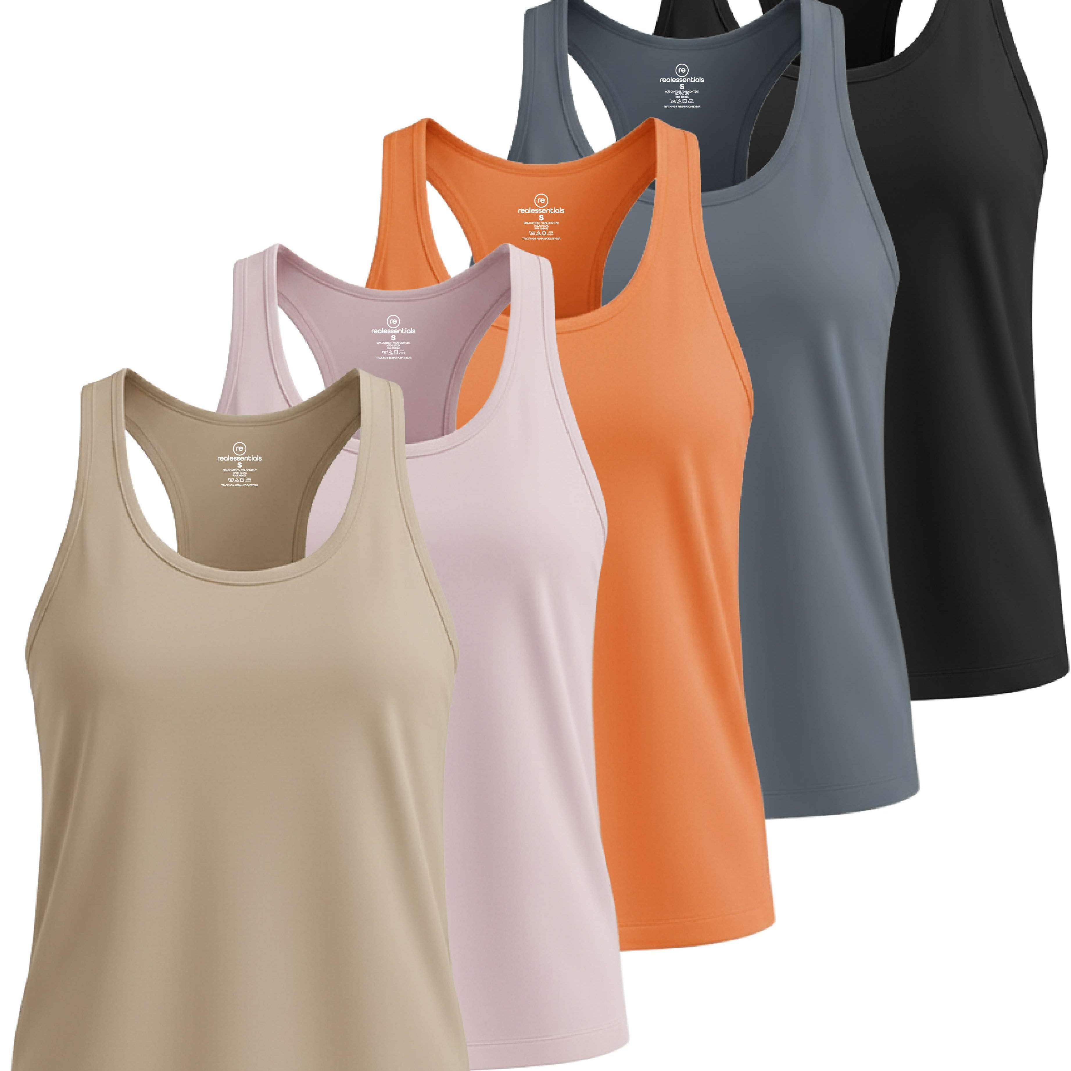 Real Essentials 5 Pack: Women's Dry Fit Tank Top - Racerback Sleeveless Workout Athletic Gym Shirt (Available in Plus)
