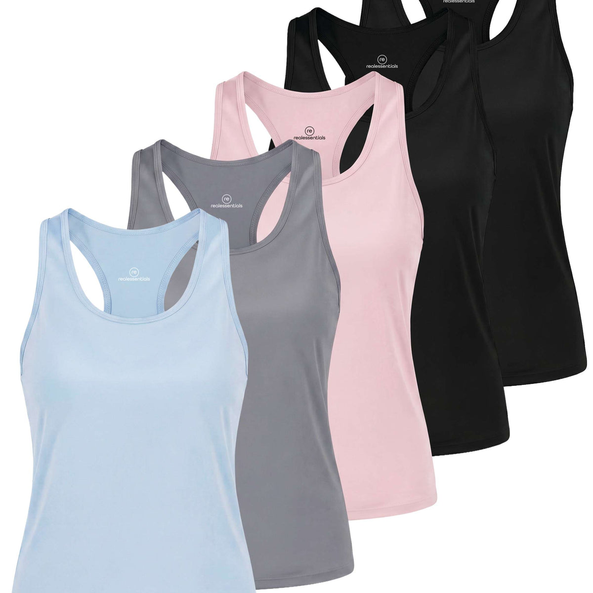 Real Essentials 5 Pack Women's Racerback Crop Tank Tops Dry Fit Workout Athletic Gym Yoga - Solid Black, Solid Black, Solid Pale Lilac, Solid Ultimate Grey, Solid Ballad Blue