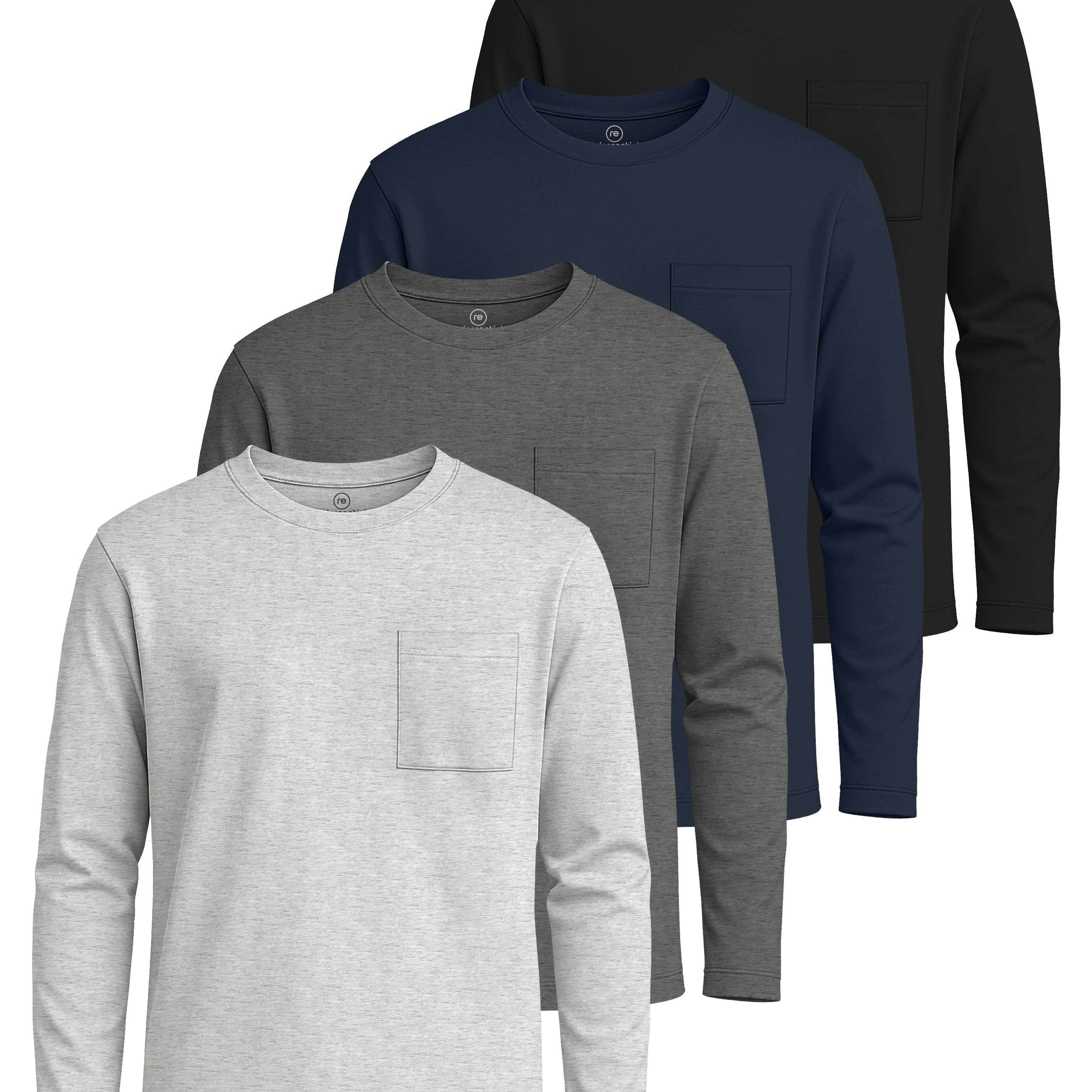 Real Essentials 4 Pack: Boys' Cotton Jersey Long Sleeve T-Shirt with Pocket - Kids Teens Youth Crew Neck Tee Top (Ages 4-16)