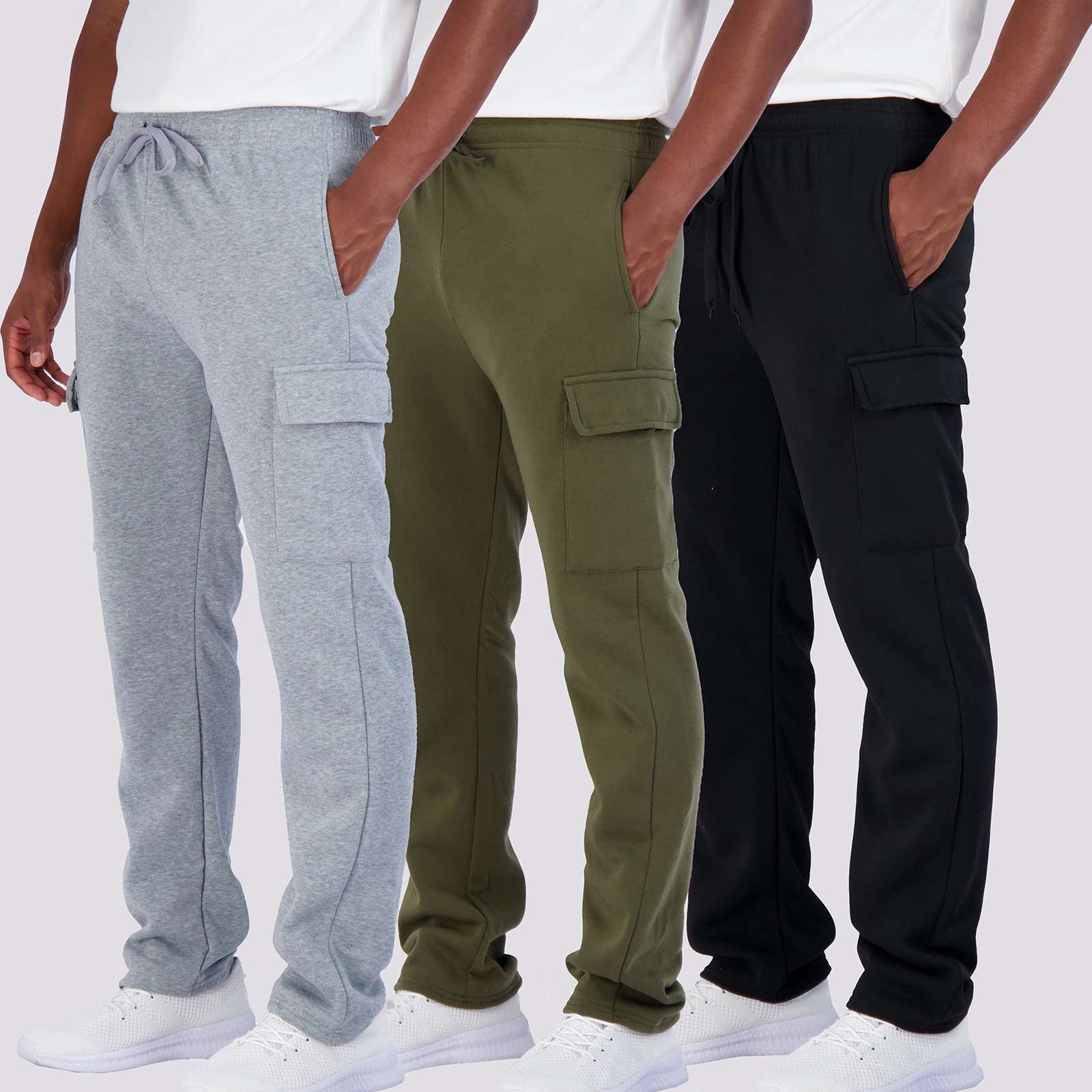3 Pack: Mens Fleece Cargo Open Bottom Sweatpants