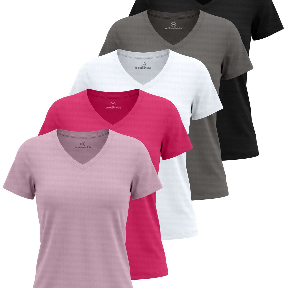Real Essentials 5 Pack Women's V Neck Tshirts Short Sleeve Dry Fit Workout Tops Tees Shirts - Solid Black, Charcoal, Solid Bright White, Solid Raspberry Sorbet, Solid Fragrant Lilac