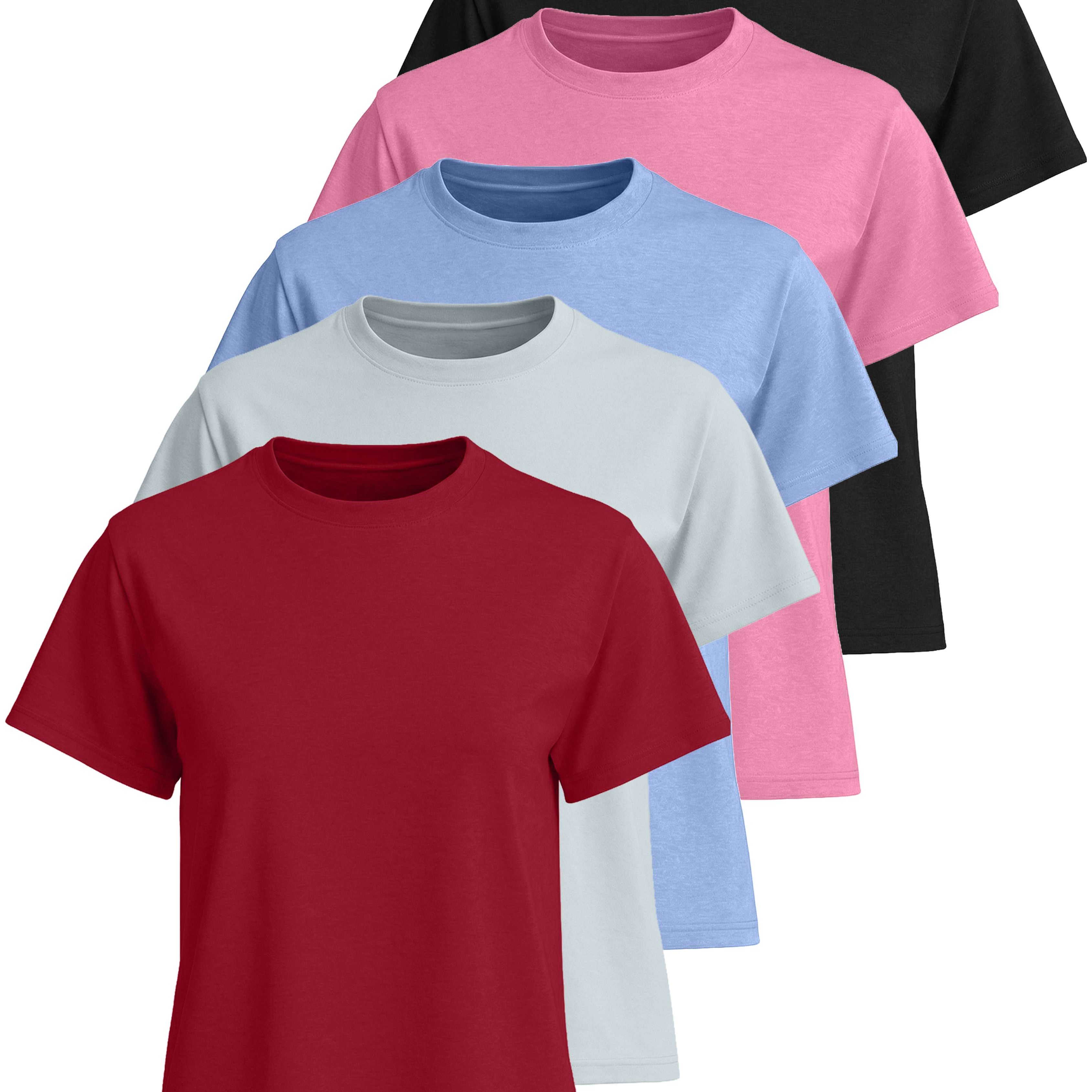 Real Essentials 5 Pack: Women’s 100% Cotton Relaxed Fit Short Sleeve T-Shirts Fashion Trendy Tees (Available in Plus Size)