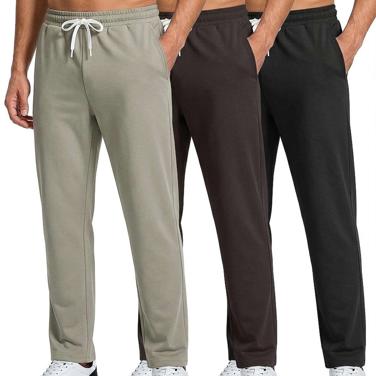 Real Essentials 3 Pack: Men's French Terry Open Bottom Sweatpants - Casual Lounge Comfort Gym with Pockets