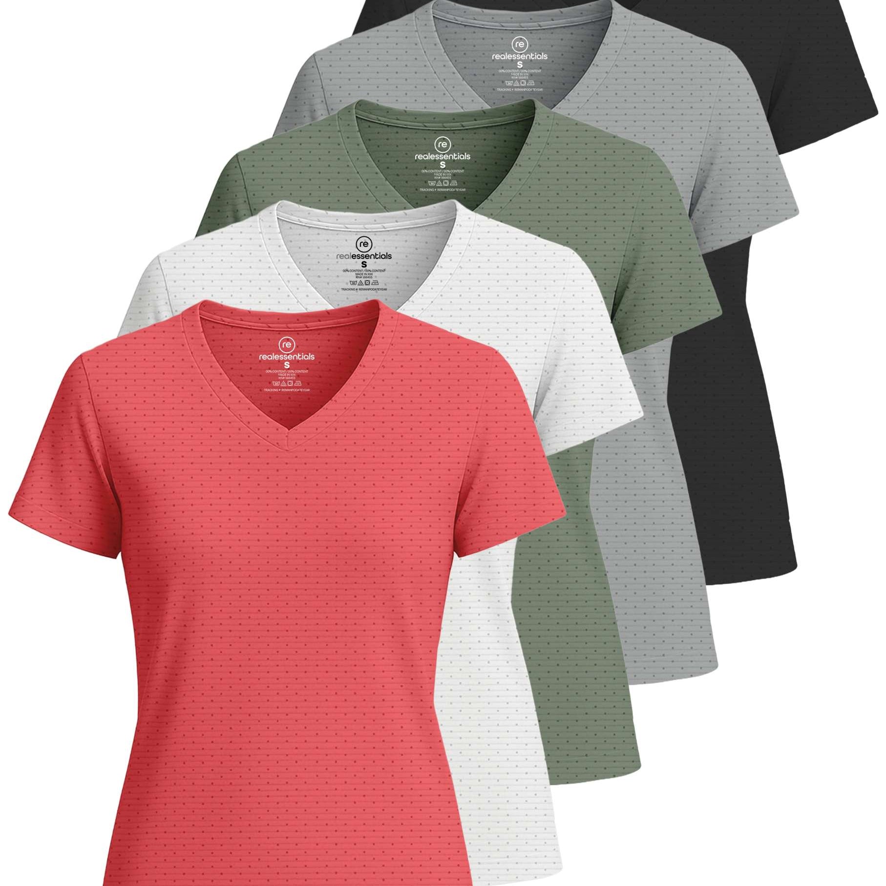Real Essentials 5 Pack: Women's Short Sleeve Breeze Tech V-Neck T Shirt –Workout Top Wicking Dry Fit Athletic Tee (Plus)