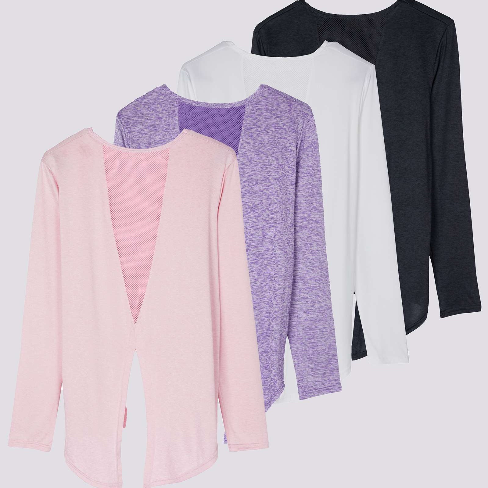 4 Pack: Women's Long-Sleeve Mesh Insert Tie Back Shirt (Available in Plus Size)
