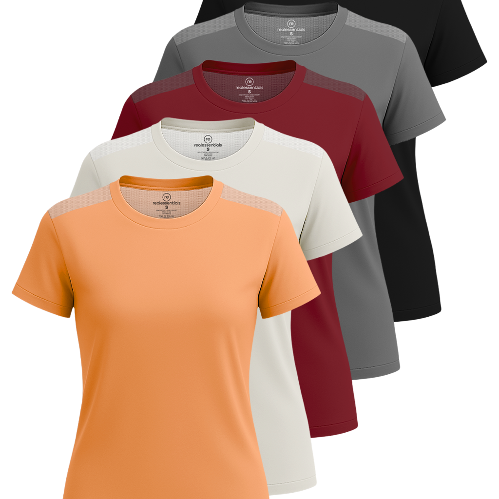 Real Essentials 5 Pack: Women's Short Sleeve Mesh Insert T-Shirts Athletic Tops Gym Workout Yoga Tennis Activewear (Plus)