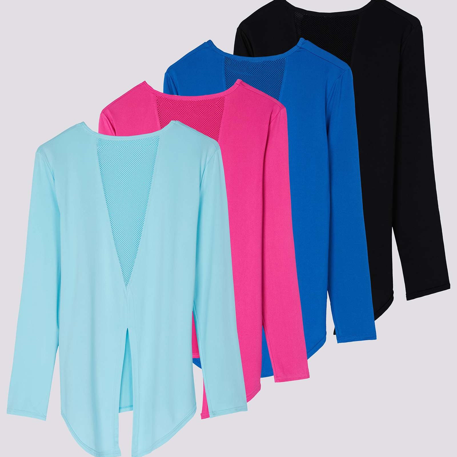 4 Pack: Women's Long-Sleeve Mesh Insert Tie Back Shirt (Available in Plus Size)