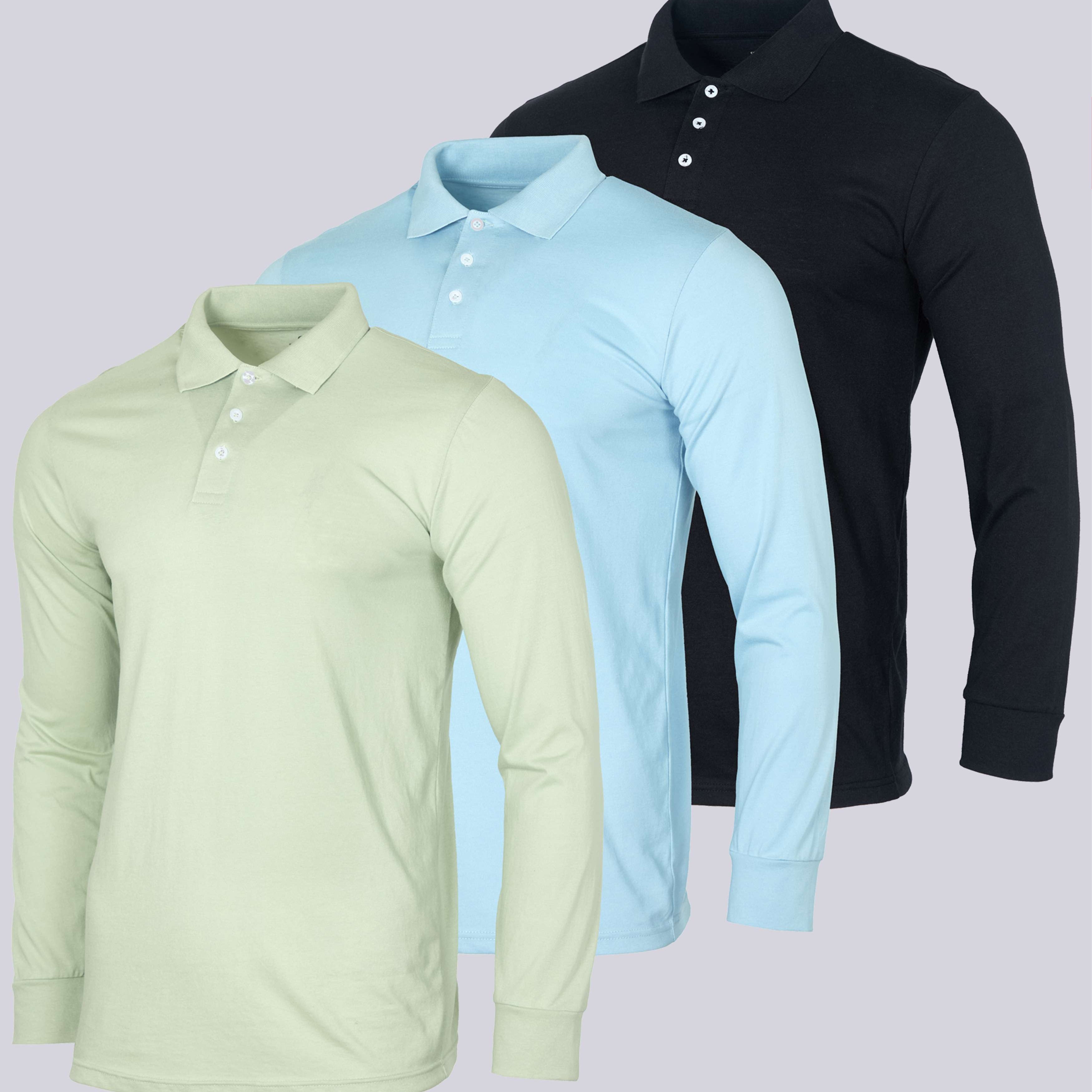 3 Pack: Men's Cotton Jersey Long-Sleeve Polo Shirt (Available in Big & Tall)