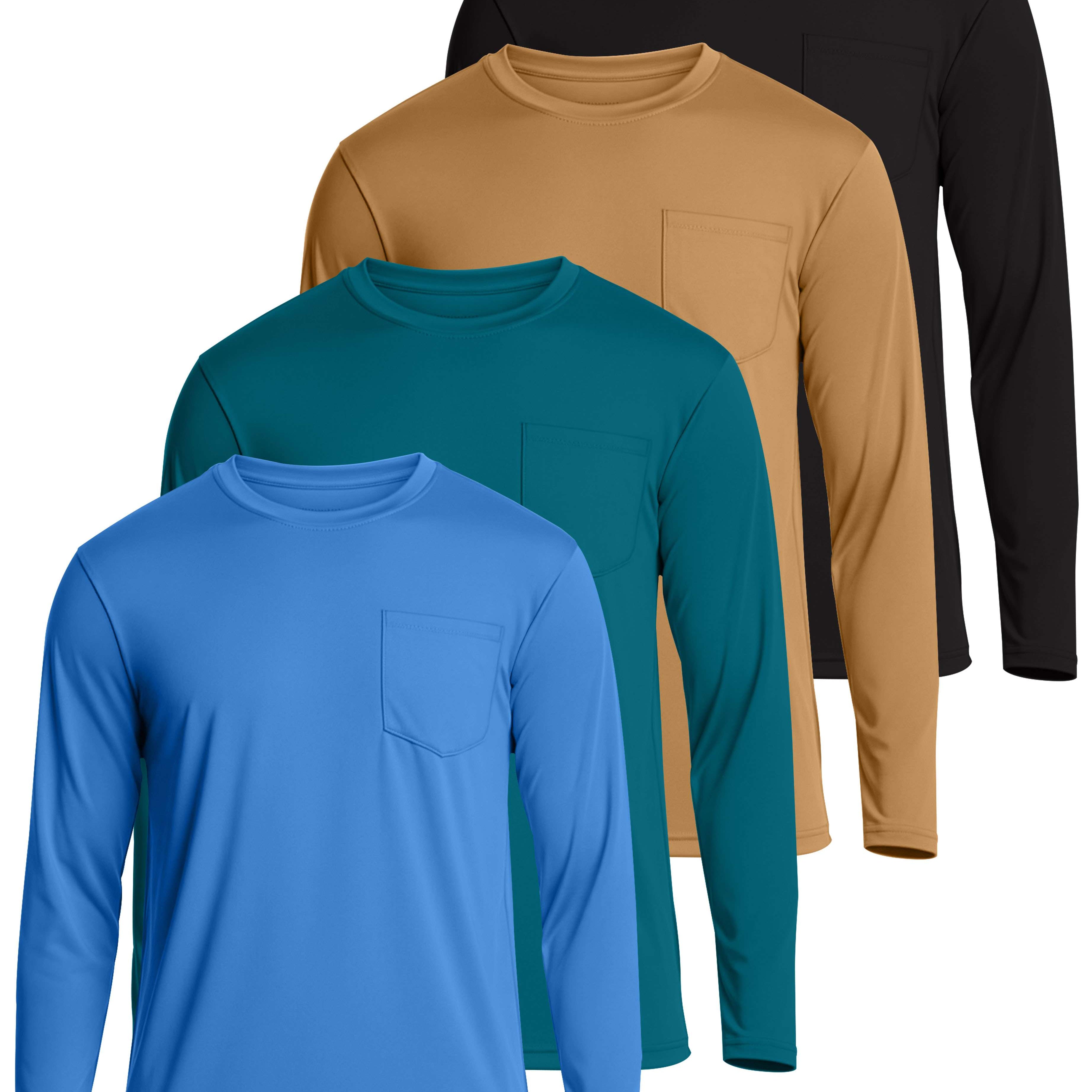 4 Pack: Mens Dry-Fit Long Sleeve Pocket Crew T-Shirt
