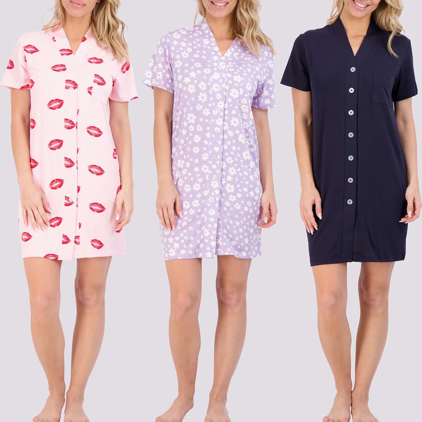 3 Pack: Women's Short Sleeve Button-Down Nightshirt
