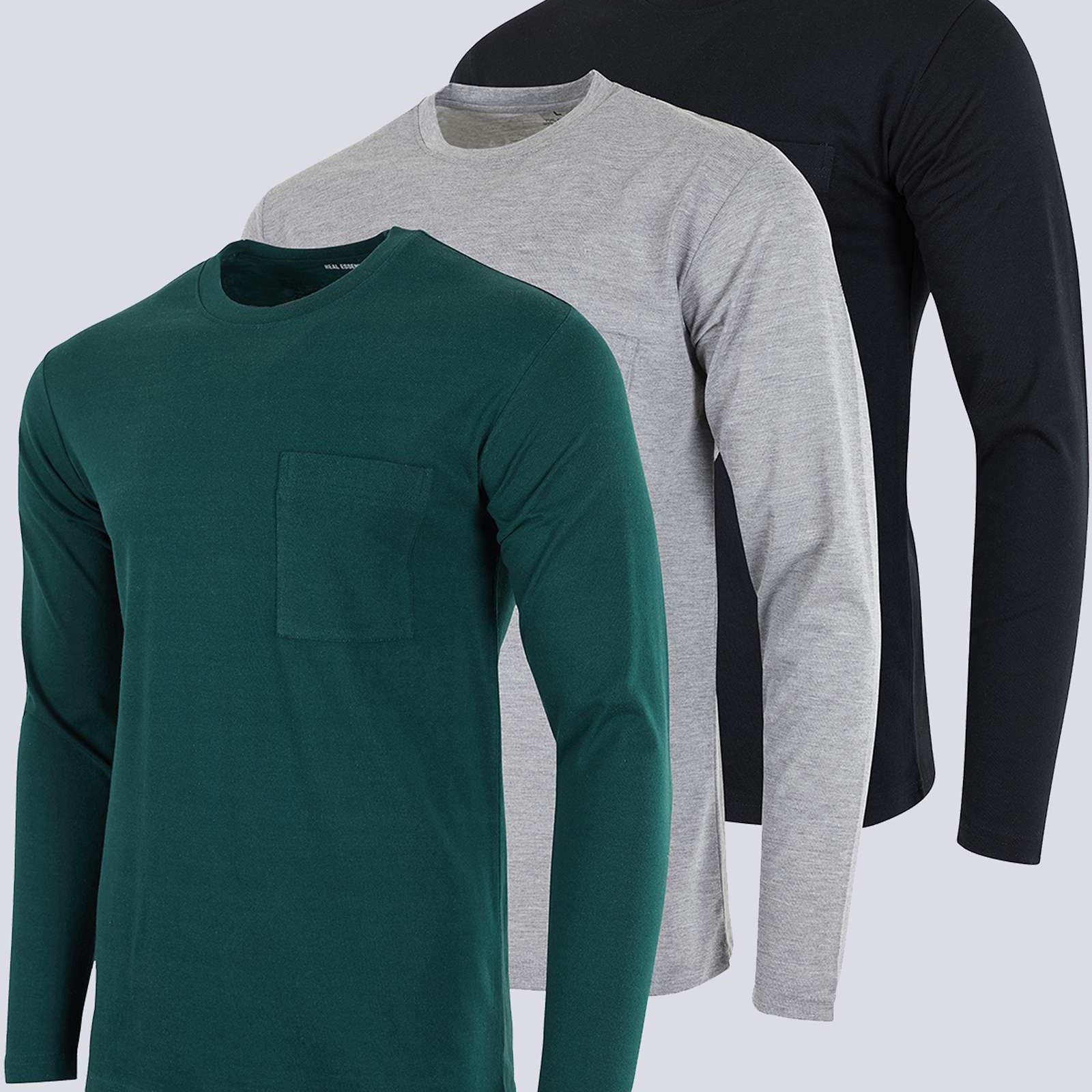 3 Pack: Mens Cotton Long Sleeve Crew Neck Pocket T-Shirt