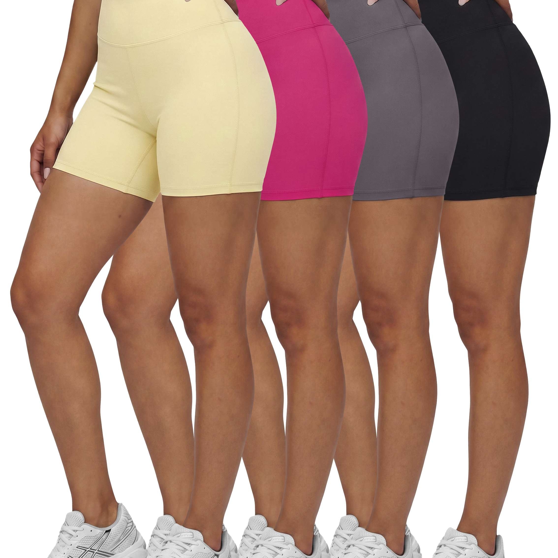 Real Essentials 4 Pack: Women's 6" High Waisted Biker Shorts - Tummy Control Spandex Workout Gym Yoga Running Athletic Shorts