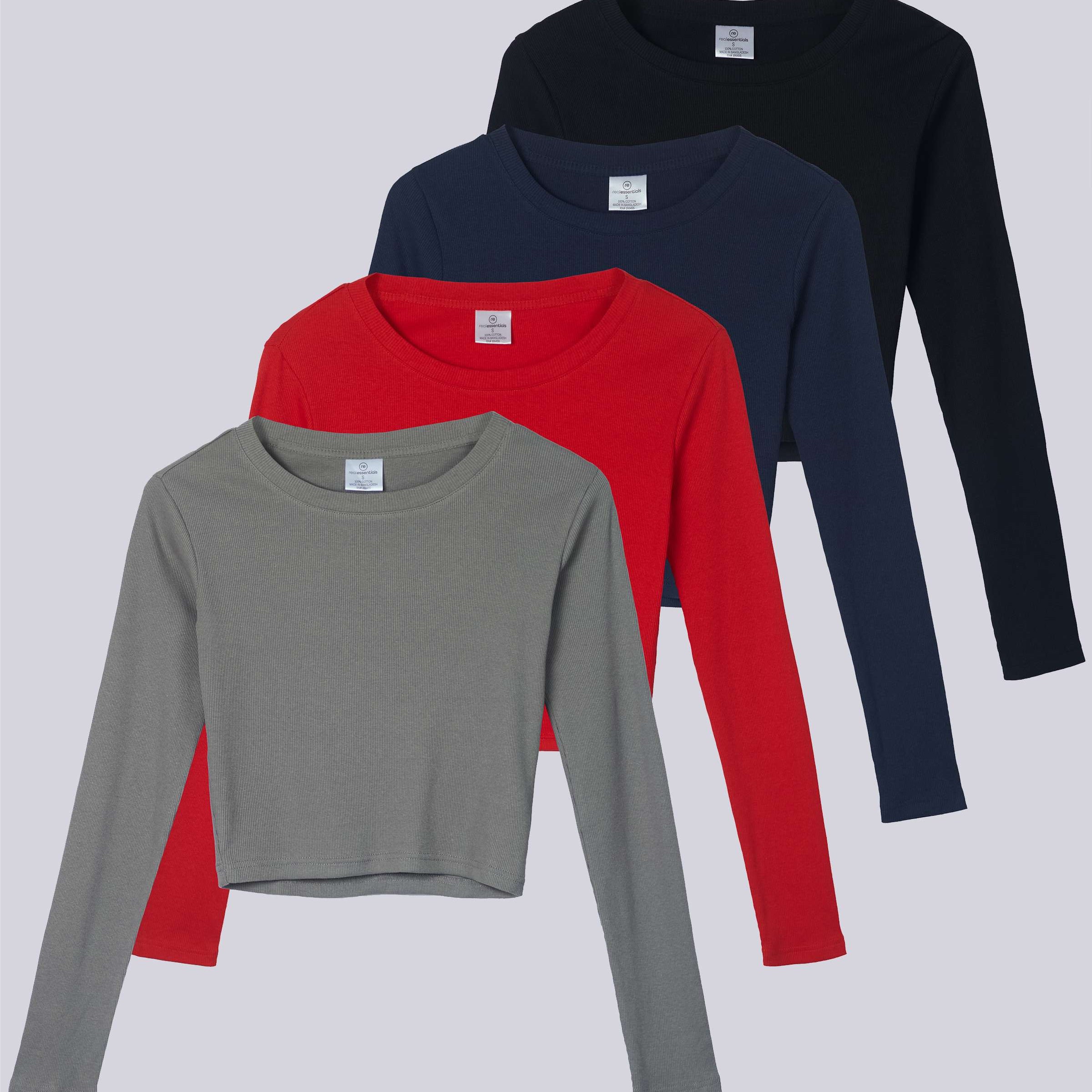 4 Pack: Women's Long Sleeve Ribbed Knit Crop Top (Available in Plus Size)