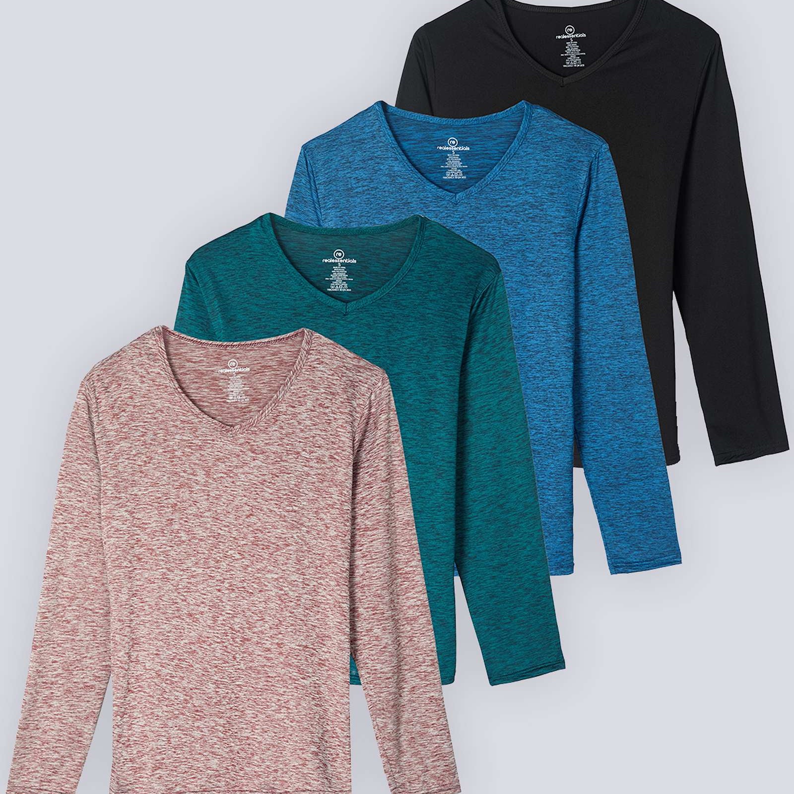 4 Pack: Women's Dry-Fit Long-Sleeve V-Neck Athletic Workout Shirt (Available in Plus Size)