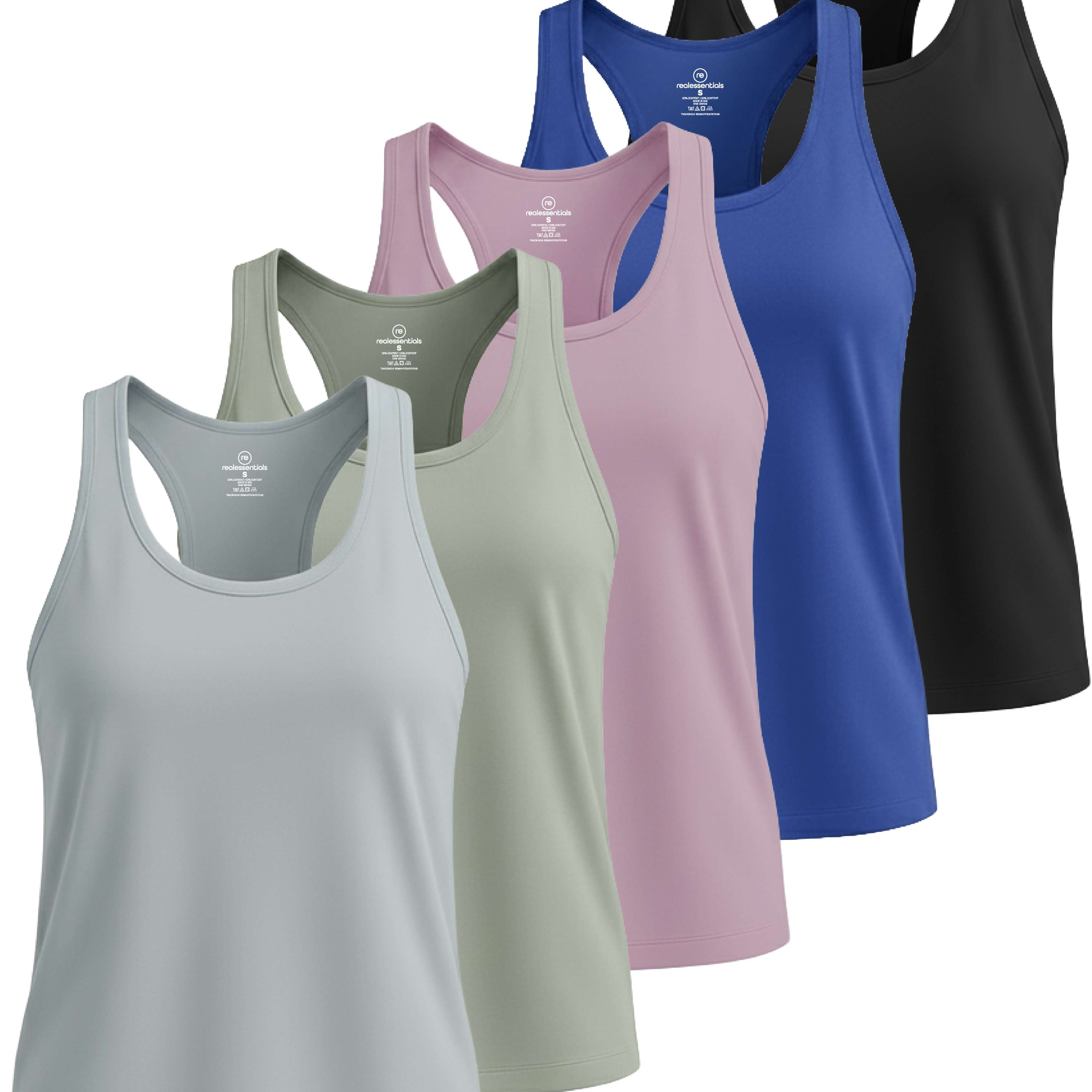 Real Essentials 5 Pack: Women's Dry Fit Tank Top - Racerback Sleeveless Workout Athletic Gym Shirt (Available in Plus)
