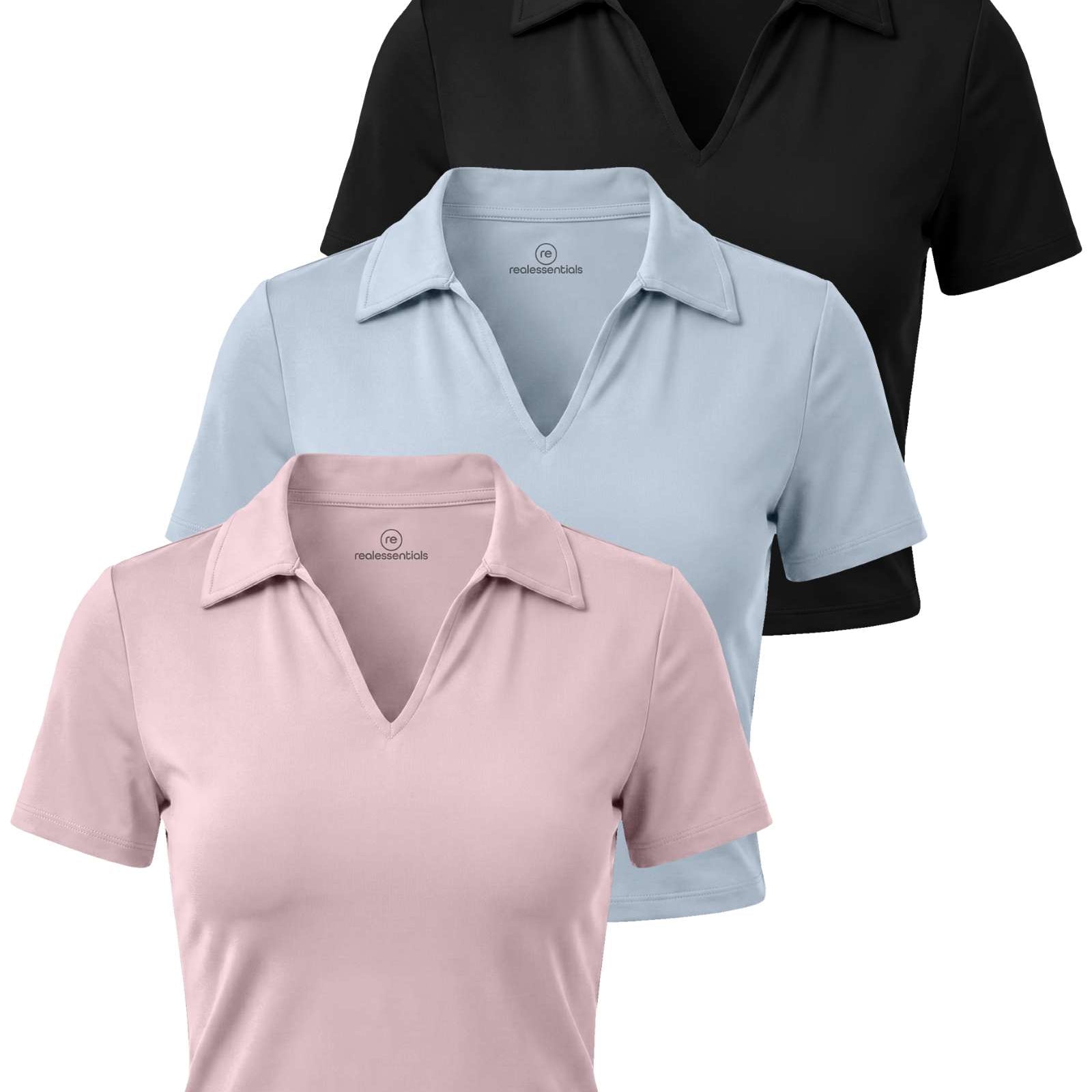 Real Essentials 3 Pack: Women's V Neck Crop Polo Shirts - Short Sleeve Sweater Dry Fit Golf Athletic Workout Collared Tops