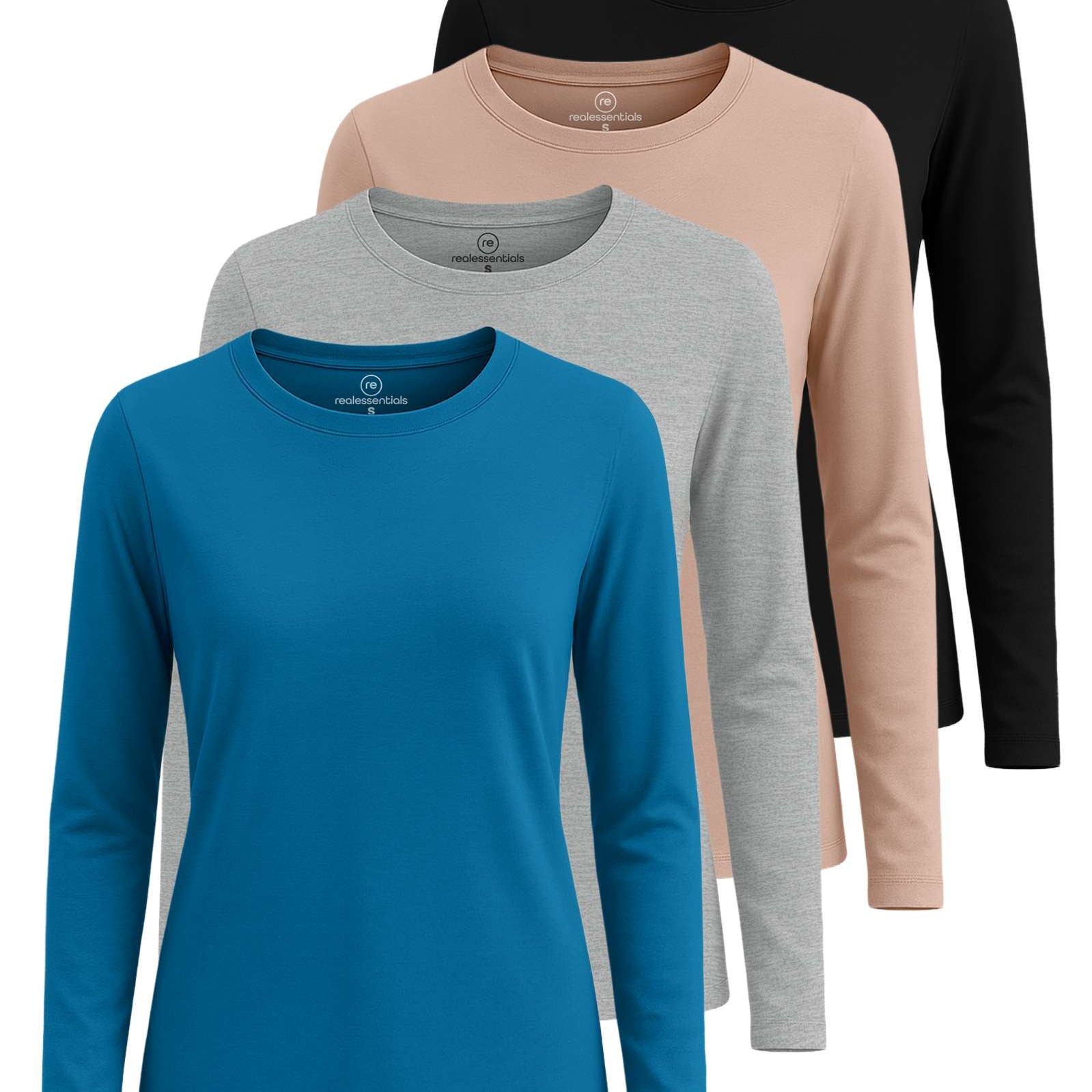 4 Pack: Women's Cotton Classic-Fit Long-Sleeve Crewneck T-Shirt (Available in Plus Size)