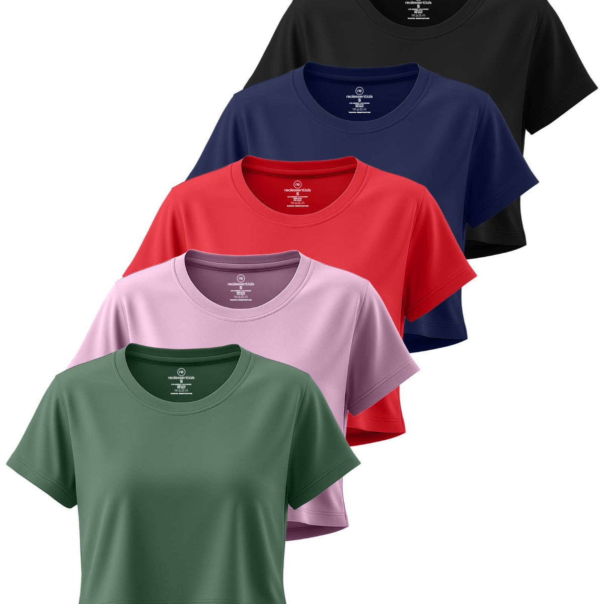 Real Essentials 5 Pack Women's Dry Fit Crop Top Workout T Shirts Short Sleeve Athletic Gym - Set 9