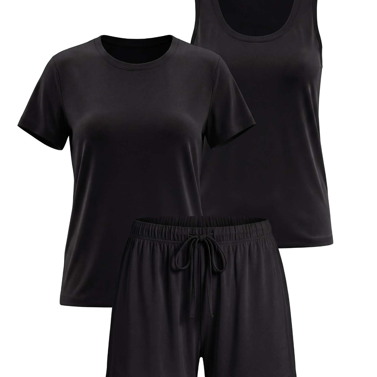 Real Essentials 3 Pack Women's Pajama Sets 3 Piece Crew Tee Tank Top Sleep Shorts Sleepwear - Solid Black