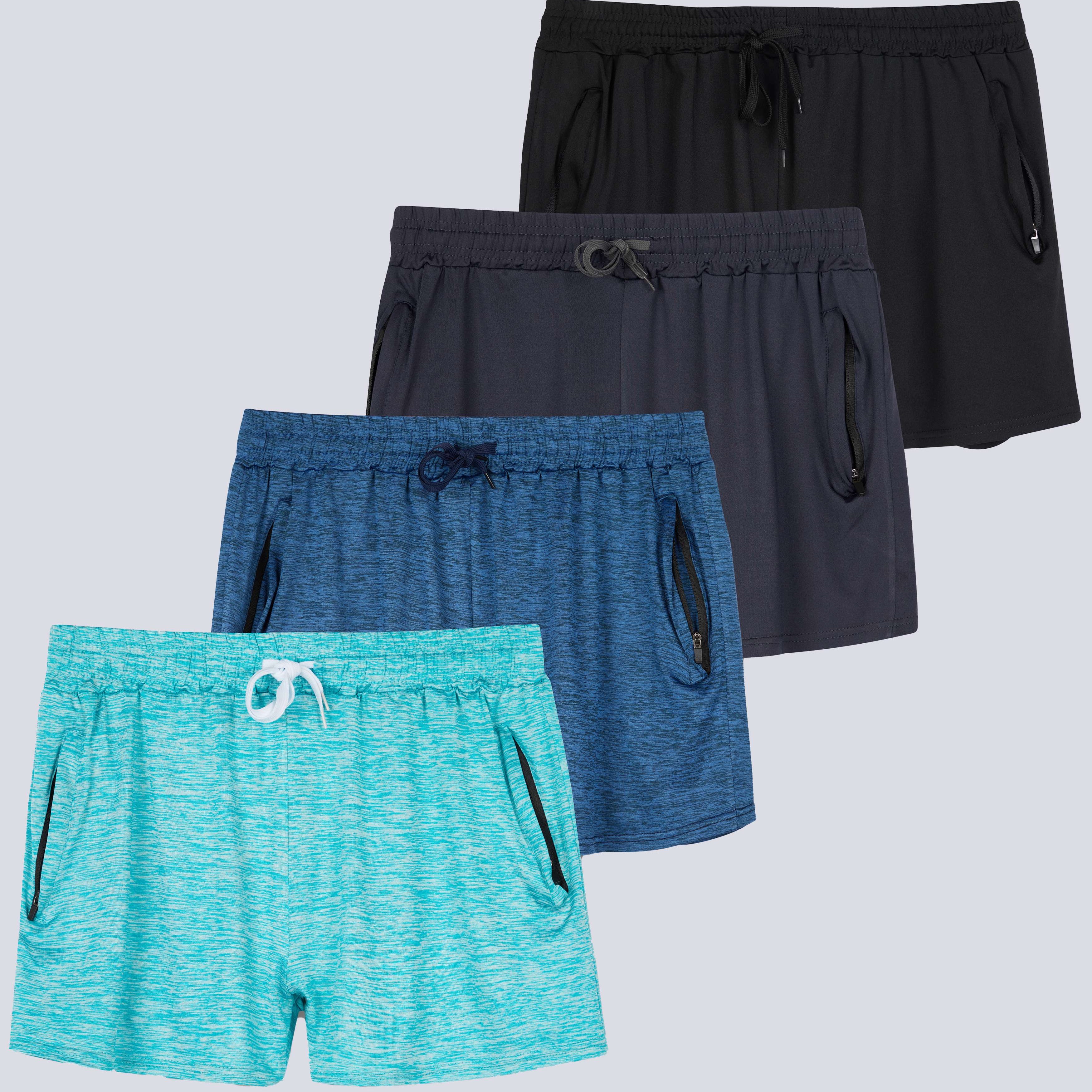 4 Pack: Womens Active Dry-Fit Shorts with Zipper Pockets