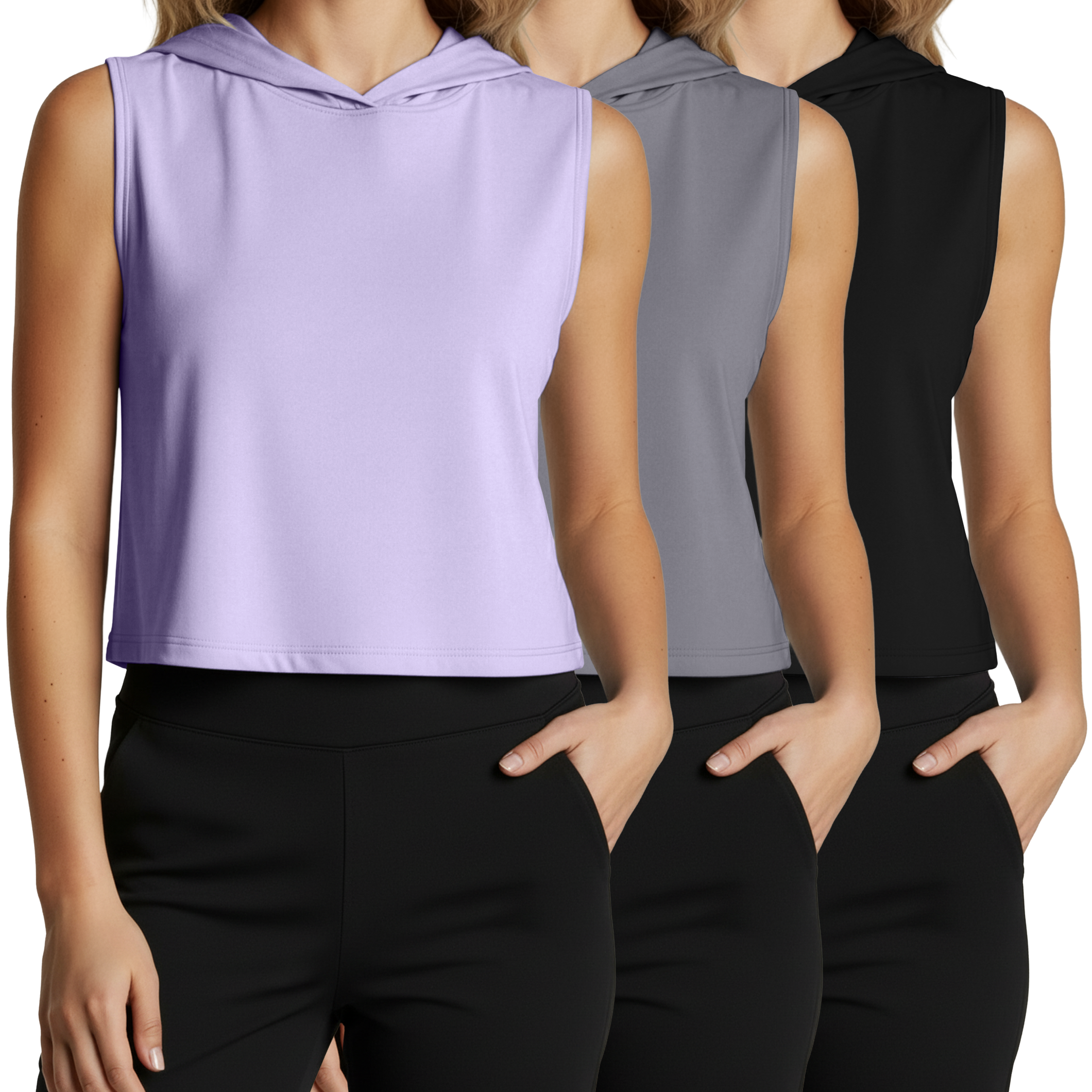 3 Pack: Women's Sleeveless Cropped Tank Top Hoodie