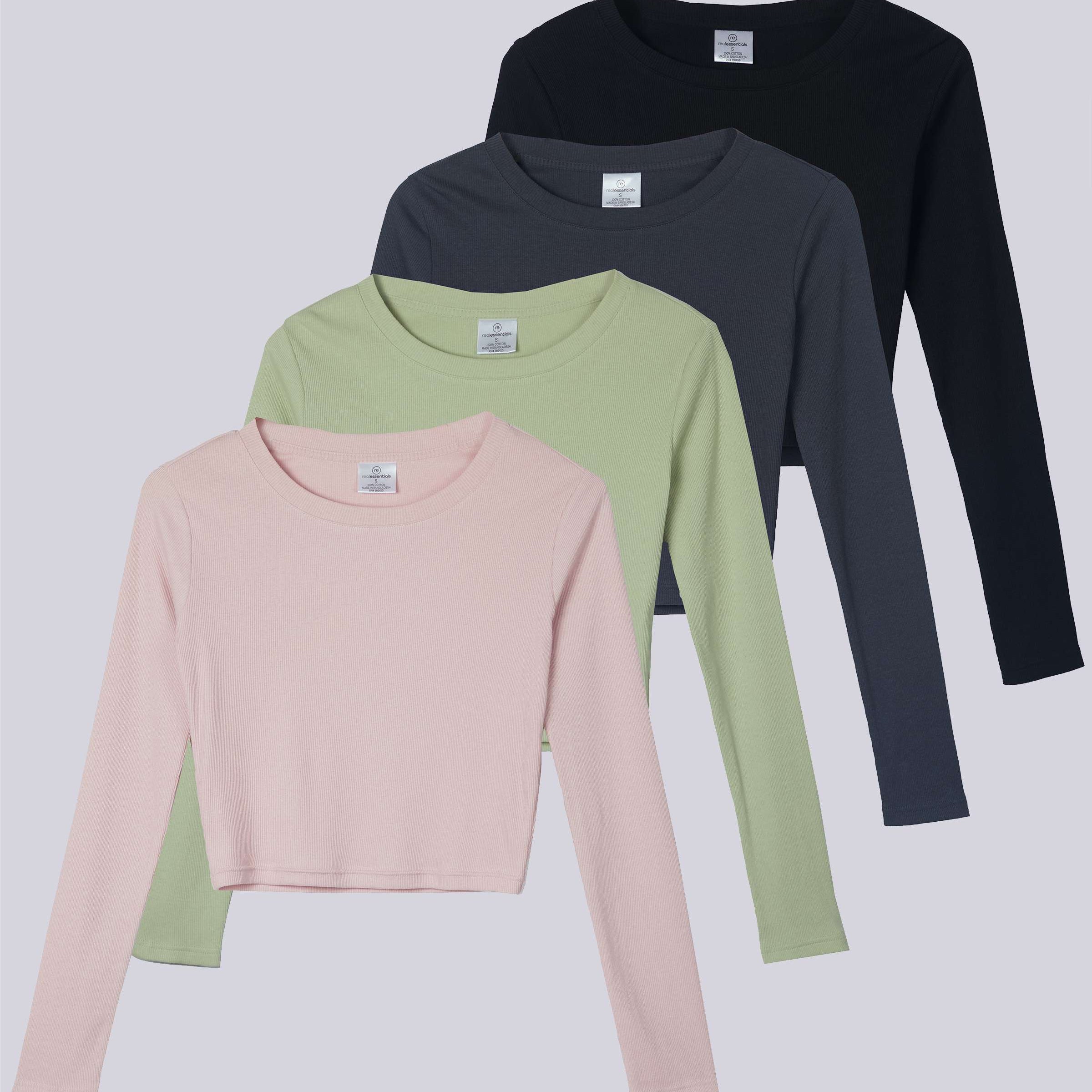 4 Pack: Women's Long Sleeve Ribbed Knit Crop Top (Available in Plus Size)