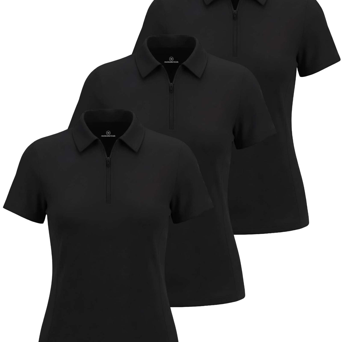 Real Essentials 3 Pack Women's Dry Fit Golf Polo Shirts with Zipper Short Sleeve Collared - Solid Black, Solid Black, Solid Black