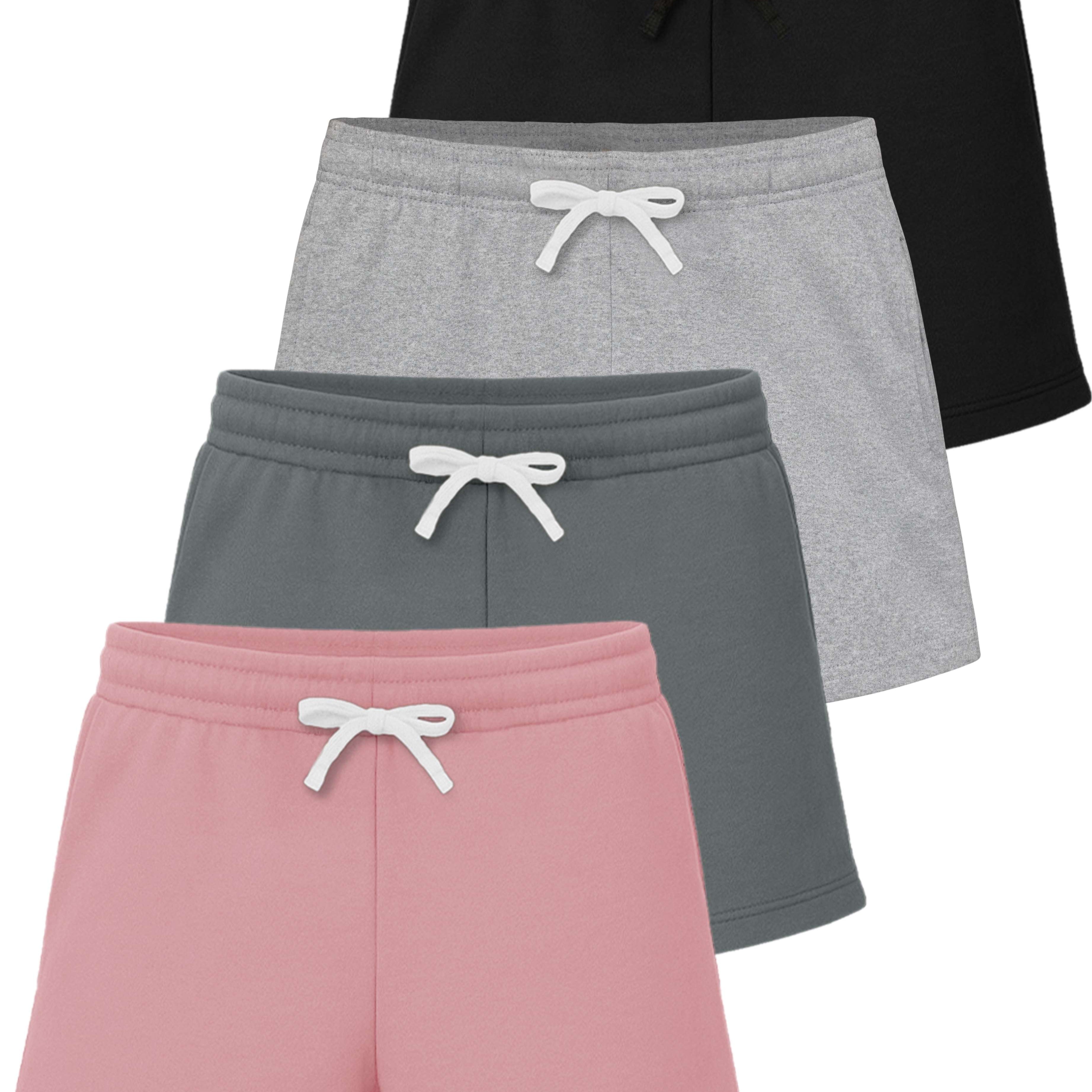 Real Essentials 4 Pack: Girls Fleece Shorts – Ultra Soft Pull On Lounge & Sport Shorts for School, Play & Everyday Comfort