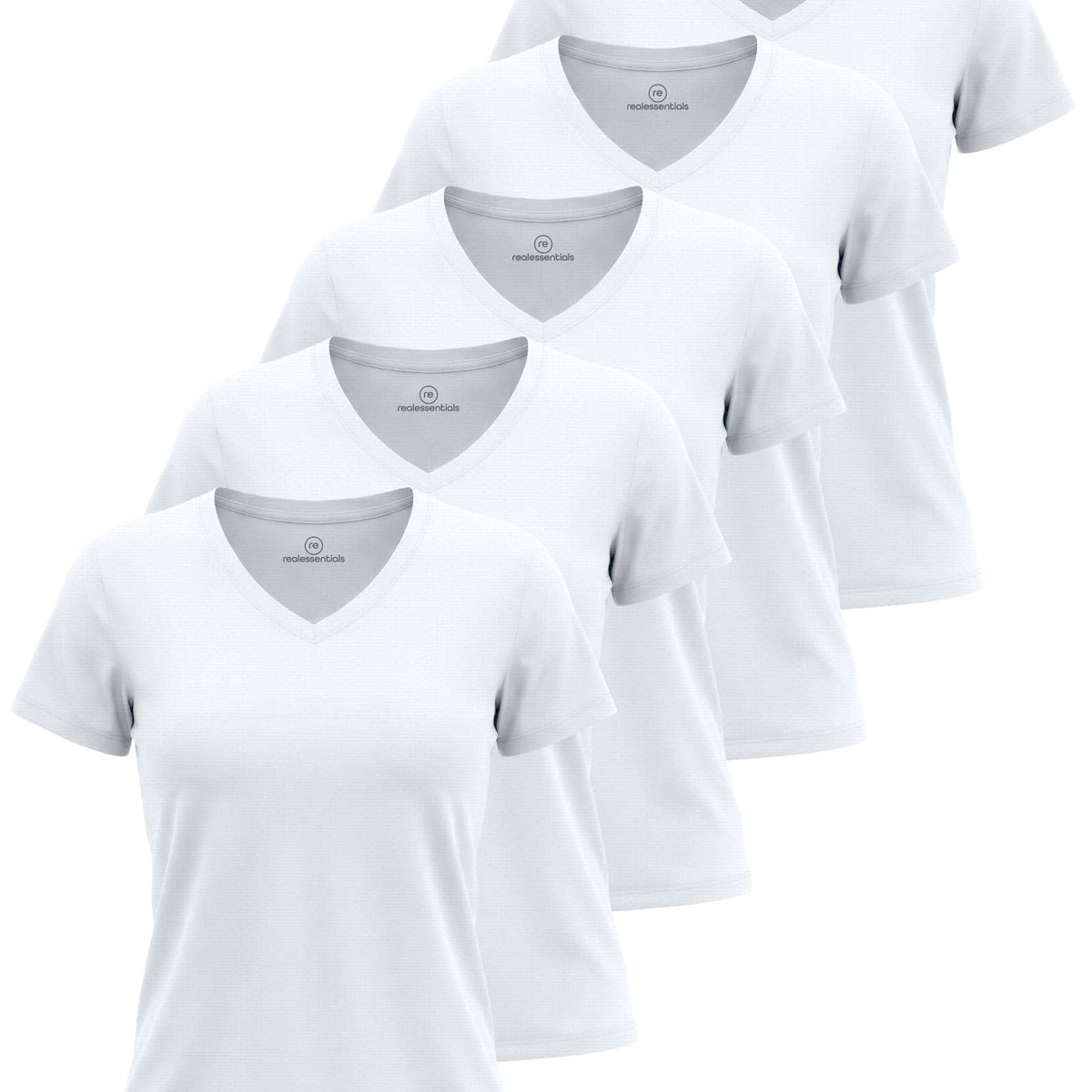 Real Essentials 5 Pack Women's V Neck Tshirts Short Sleeve Dry Fit Workout Tops Tees Shirts - Solid Bright White, Solid Bright White, Solid Bright White, Solid Bright White, Solid Bright White