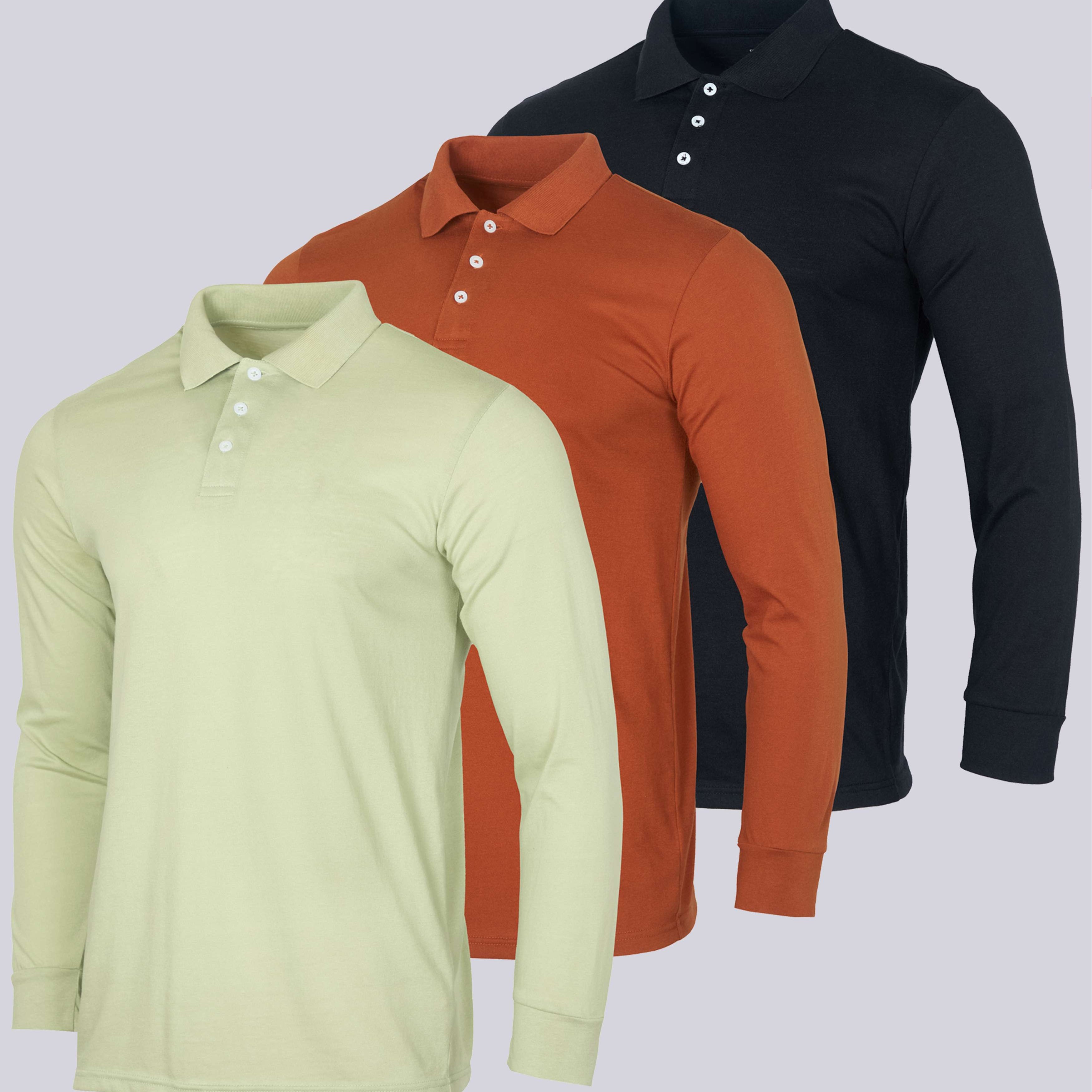 3 Pack: Men's Cotton Jersey Long-Sleeve Polo Shirt (Available in Big & Tall)