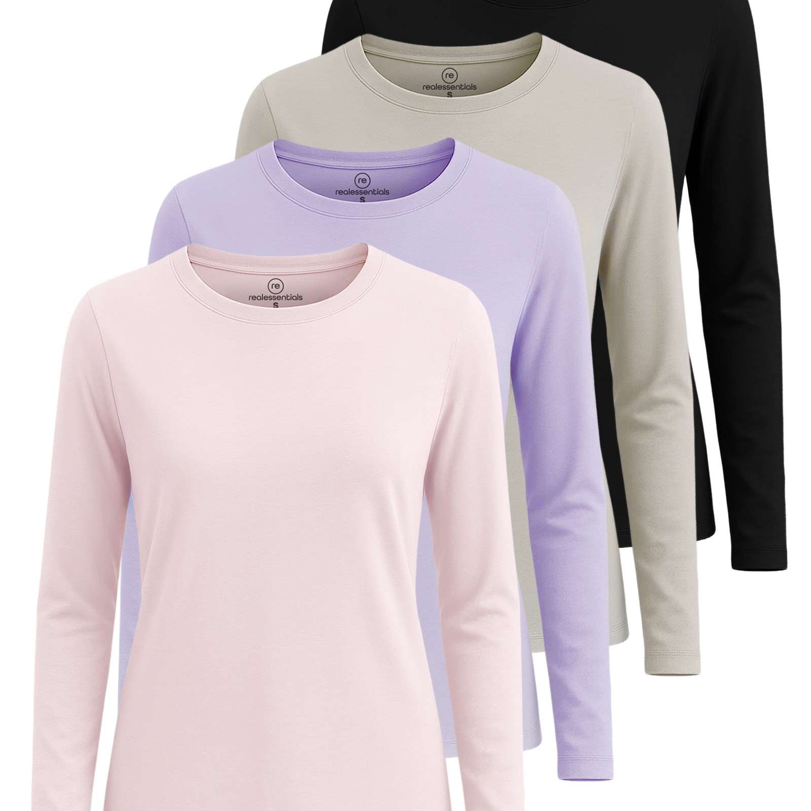 4 Pack: Women's Cotton Classic-Fit Long-Sleeve Crewneck T-Shirt (Available in Plus Size)