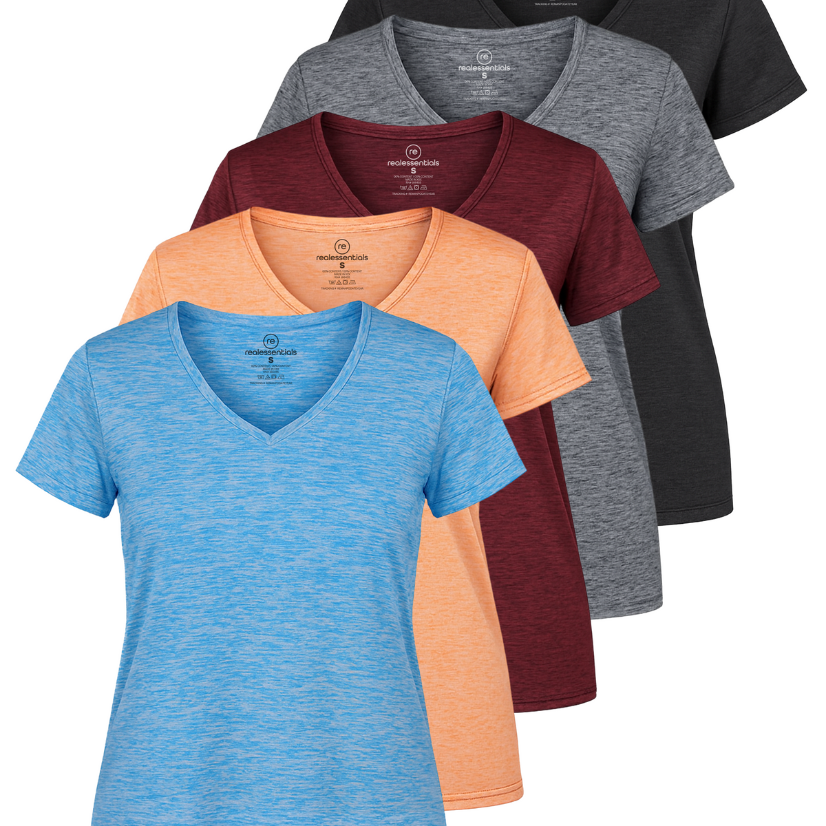 Real Essentials 5 Pack Womens Dry Fit V Neck Workout Tops Athletic T Shirts Gym Yoga Tees - Set 2