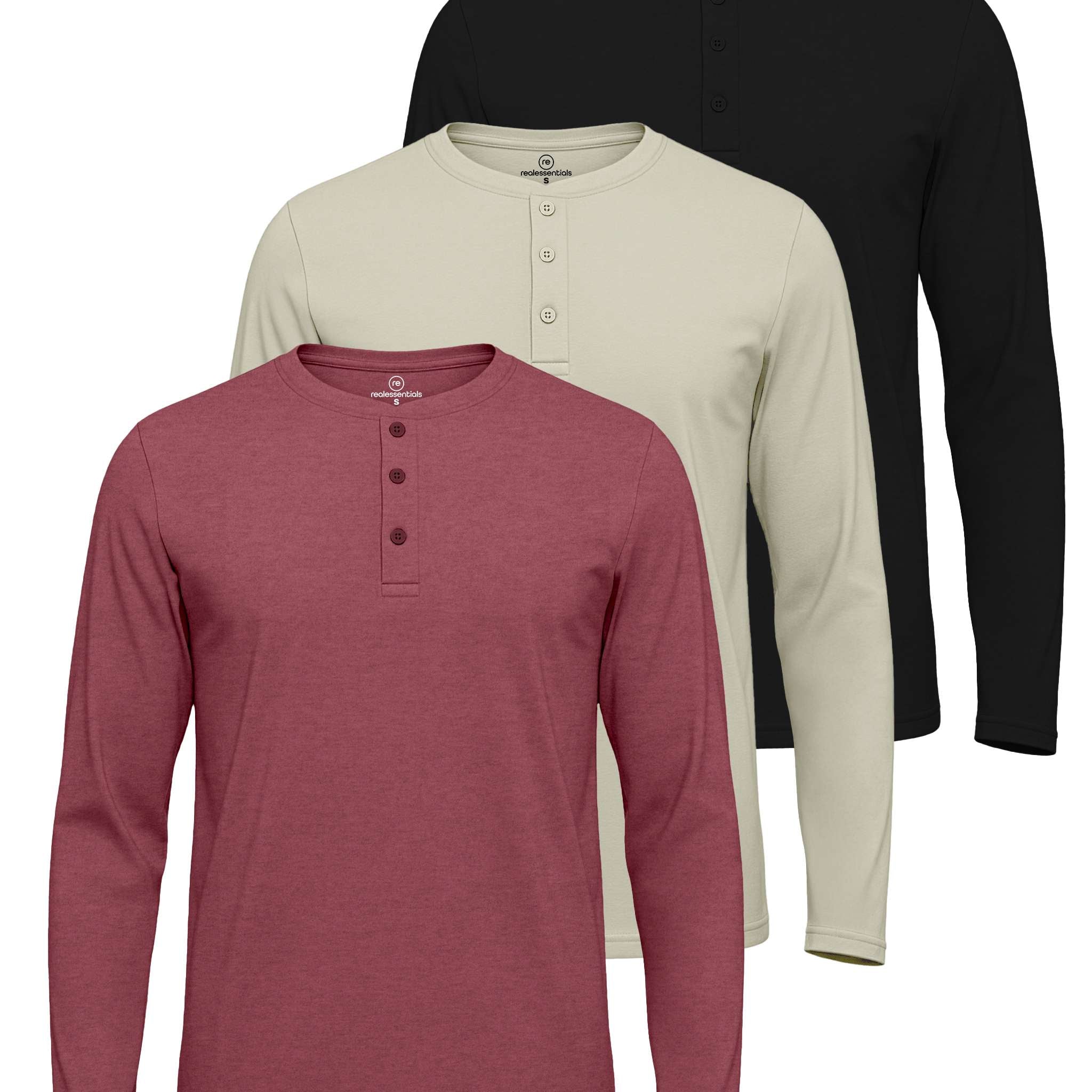 3 Pack: Mens Long Sleeve Cotton Henley T-Shirt