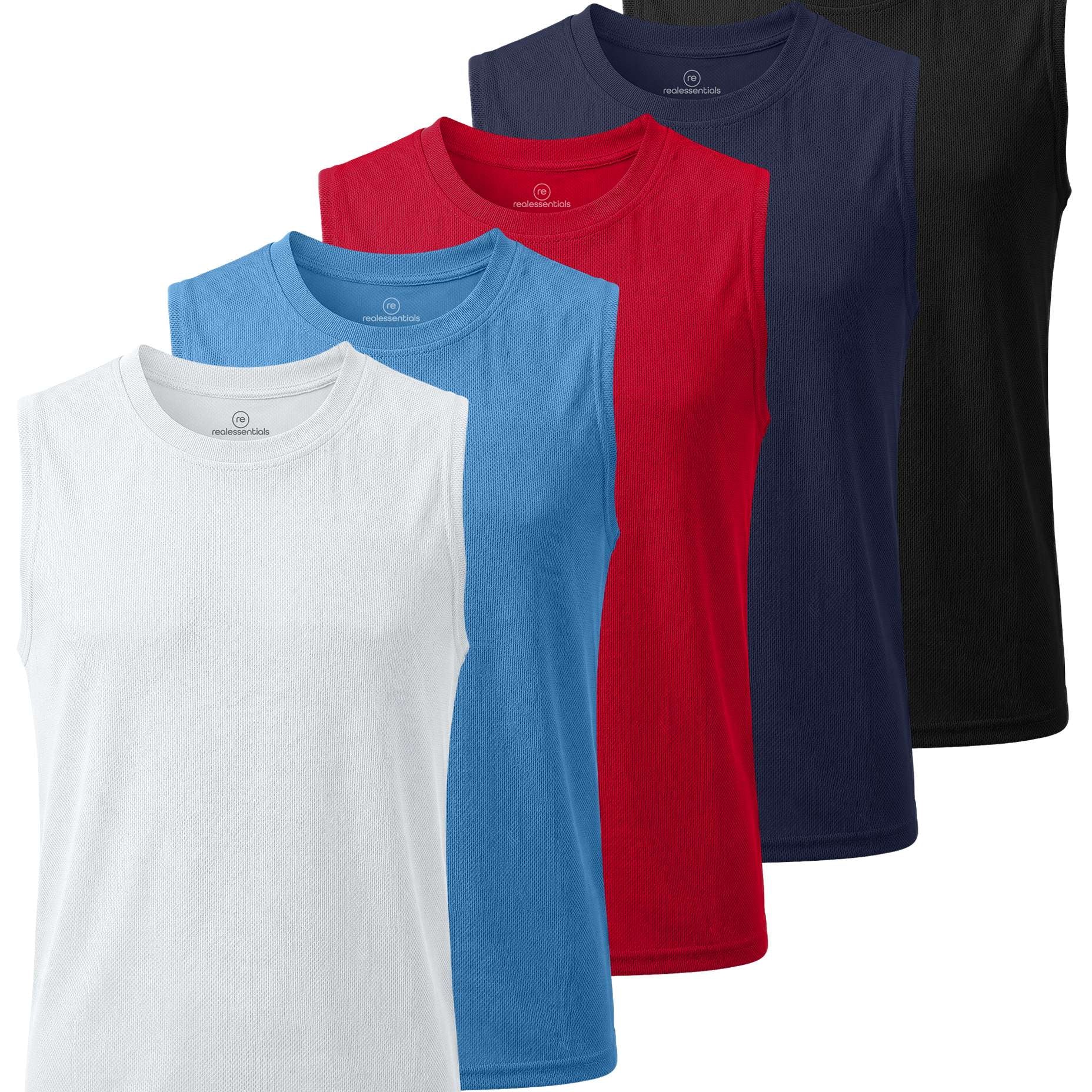 Real Essentials 5 Pack: Boys Mesh Active Tank Tops Athletic Workout Sleeveless Muscle Basketball Sports Dry Fit Teen