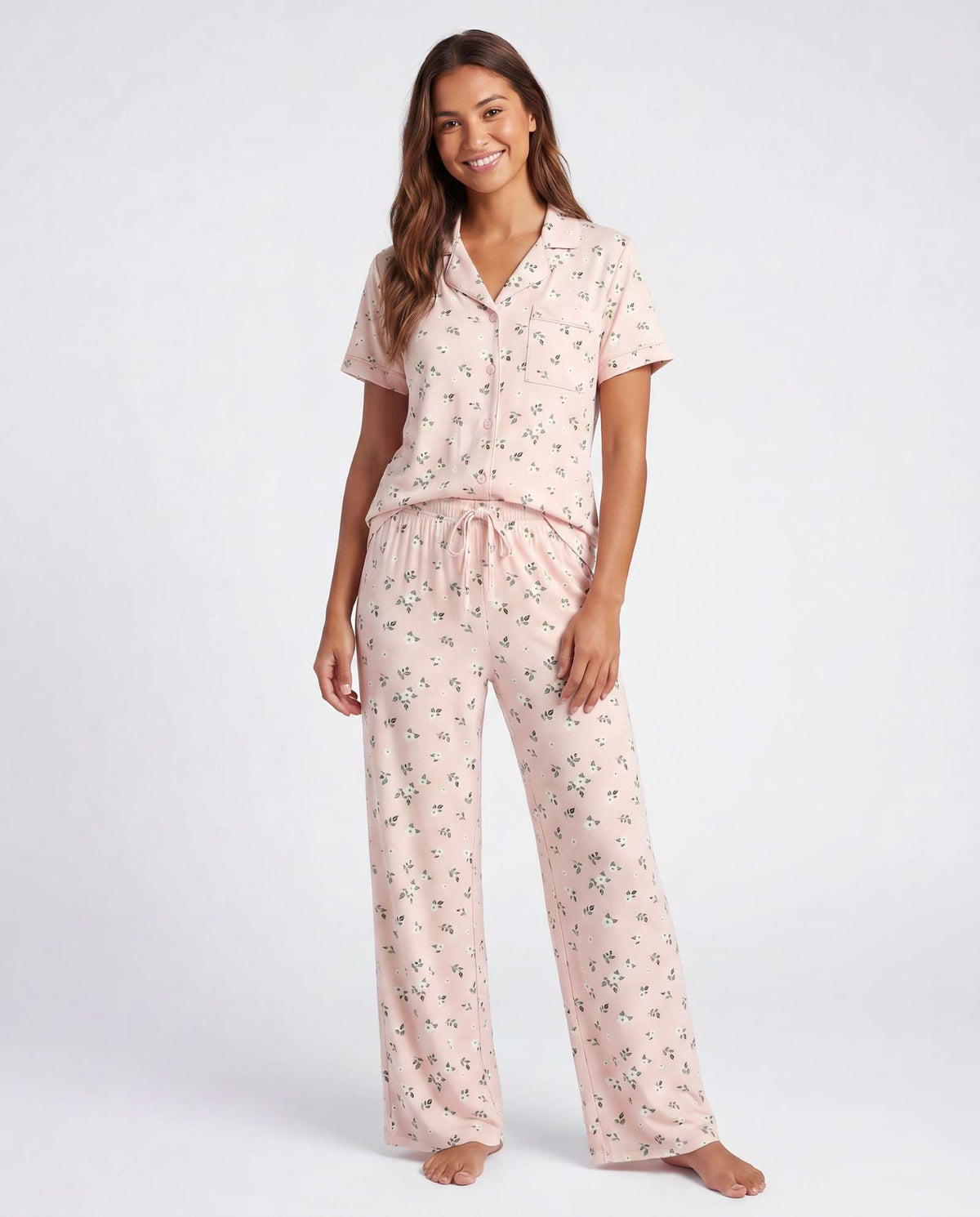 Real Essentials 2 Pack Women's Pajama Sets Lounge Set 2 Piece Button Up PJ Sleepwear Ladies - Navy Blazer Flowers, Pearl Flowers