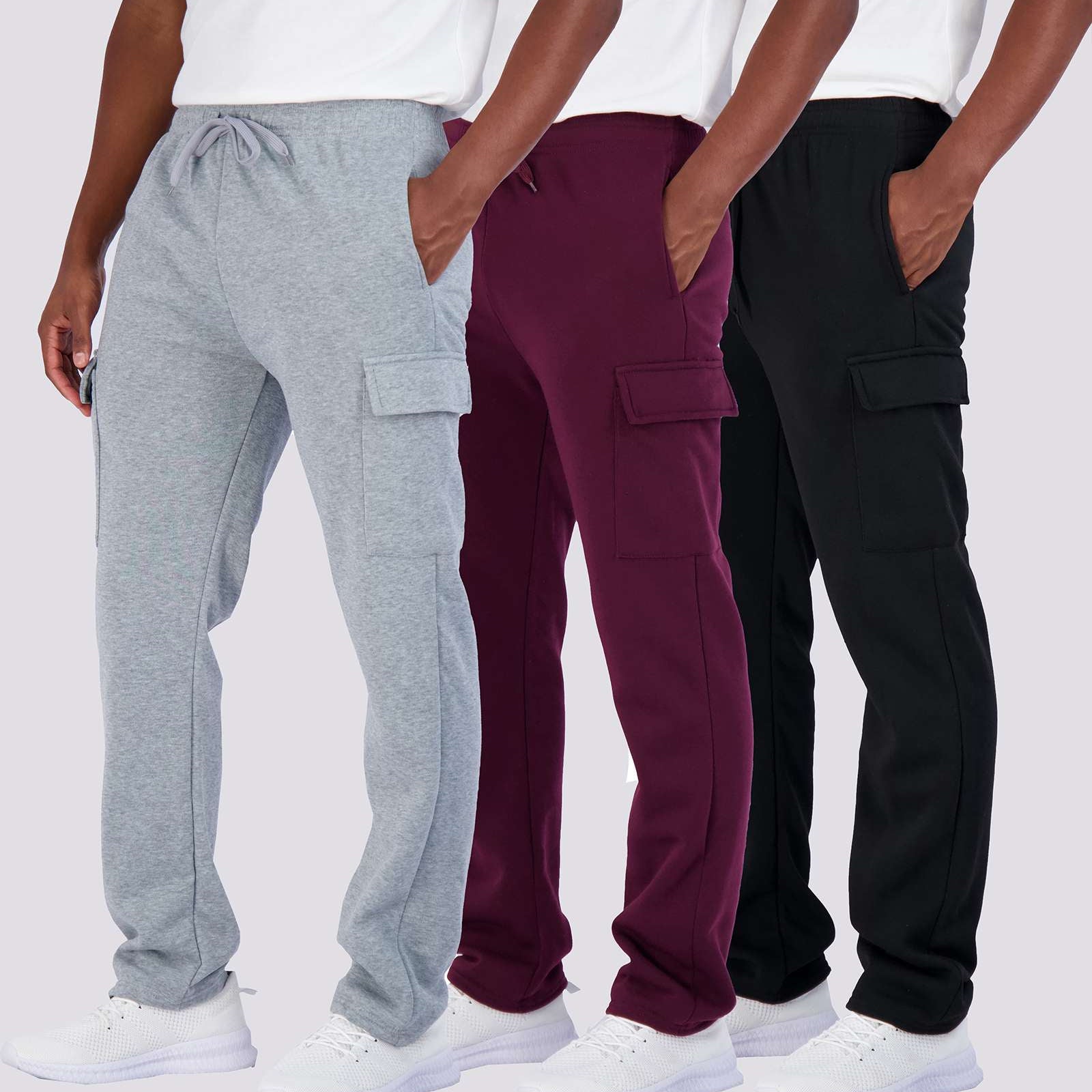 3 Pack: Mens Fleece Cargo Open Bottom Sweatpants