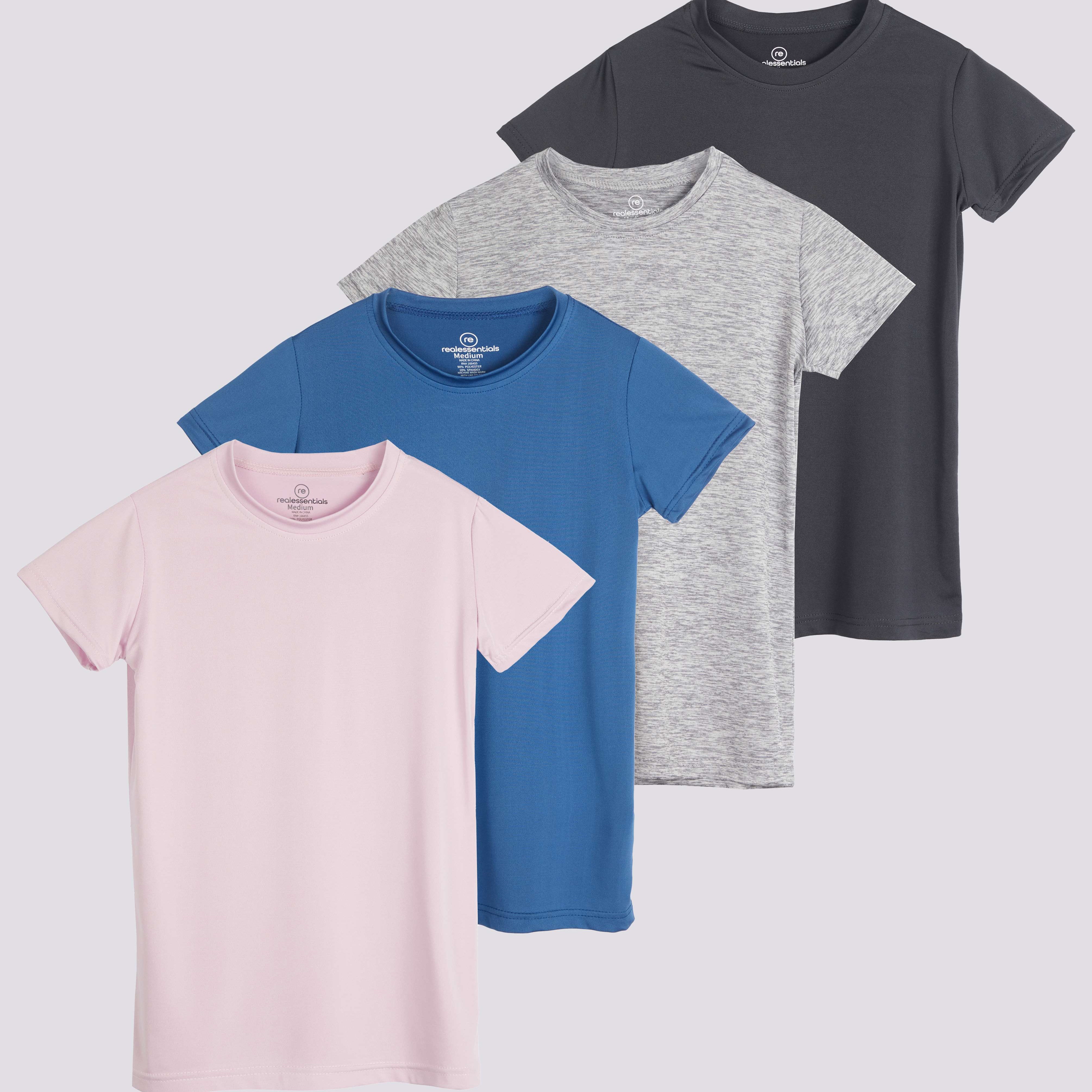 4 Pack: Girls Short Sleeve Dry-Fit Crew Neck Active T-Shirt