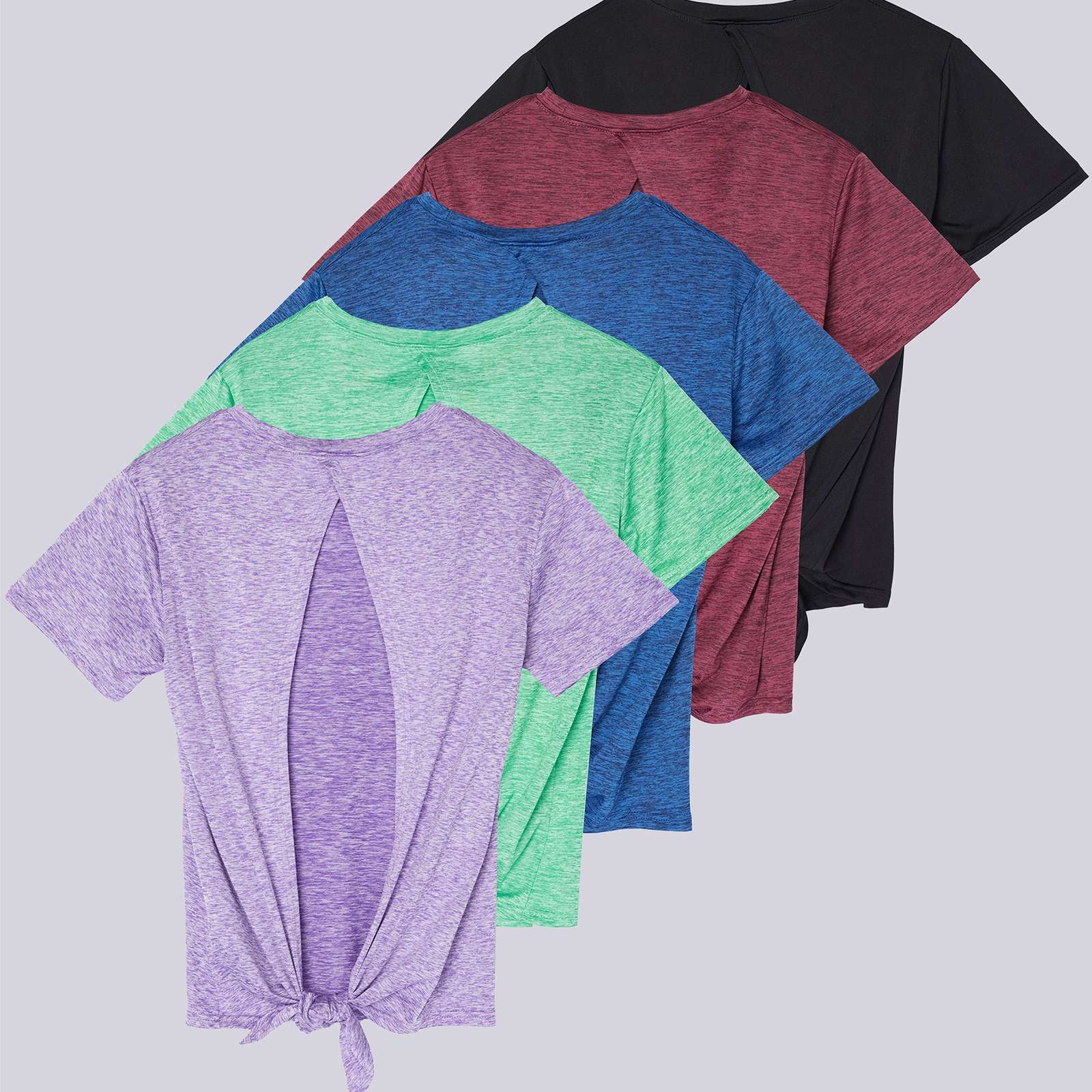 5 Pack: Women's Short Sleeve Open Back Tie Back Dry-Fit T-Shirt