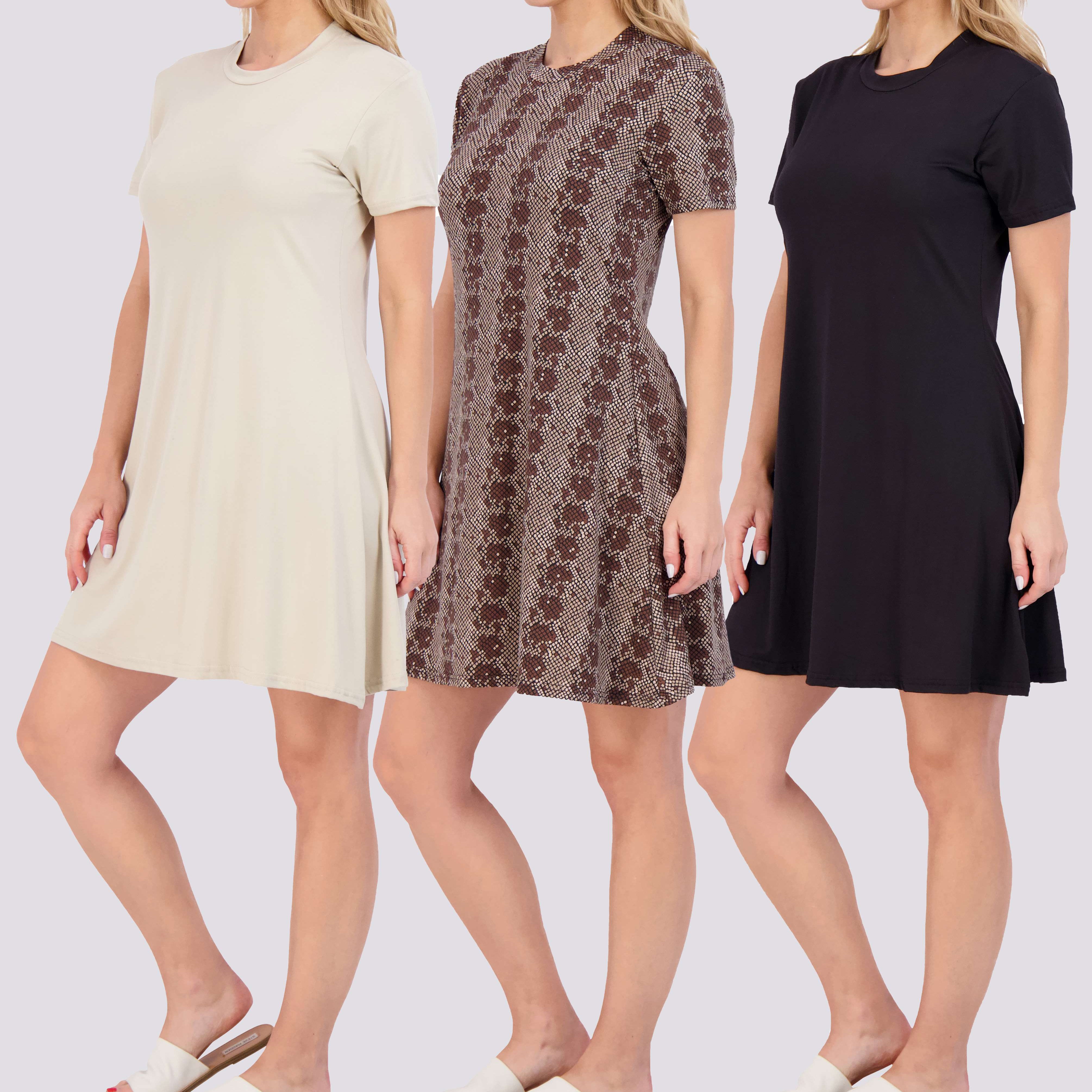 3 Pack: Women's Soft Lounge Swing Casual T-Shirt Dress (Available in Plus Size)