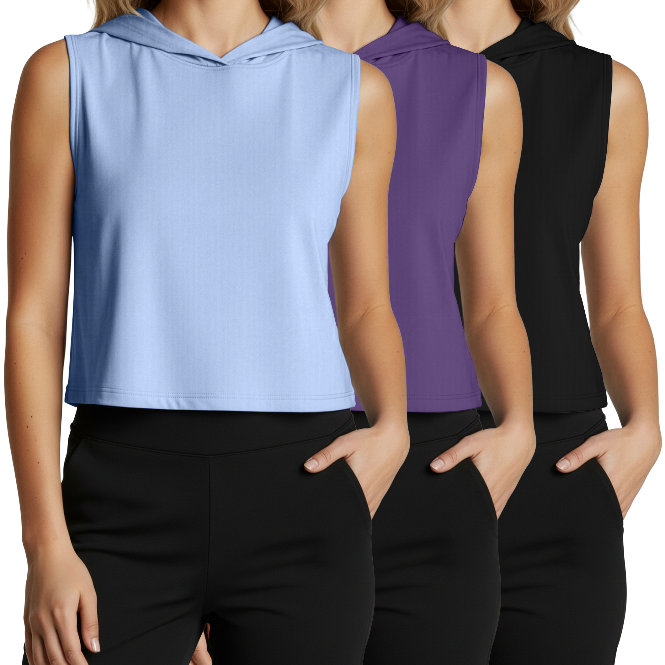 3 Pack: Women's Sleeveless Cropped Tank Top Hoodie