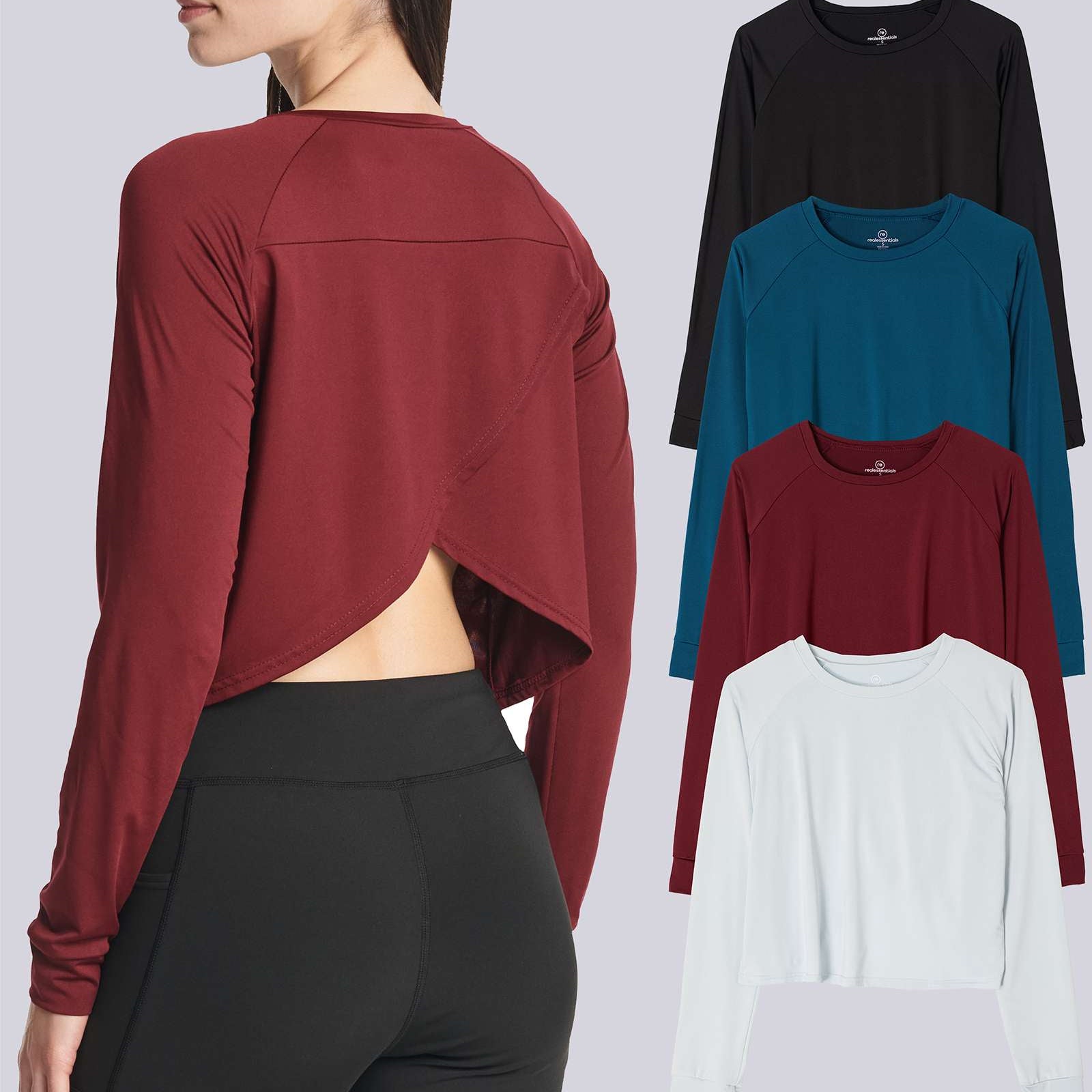 4 Pack: Women's Long Sleeve Petal Back Crop Top (Available in Plus Size)